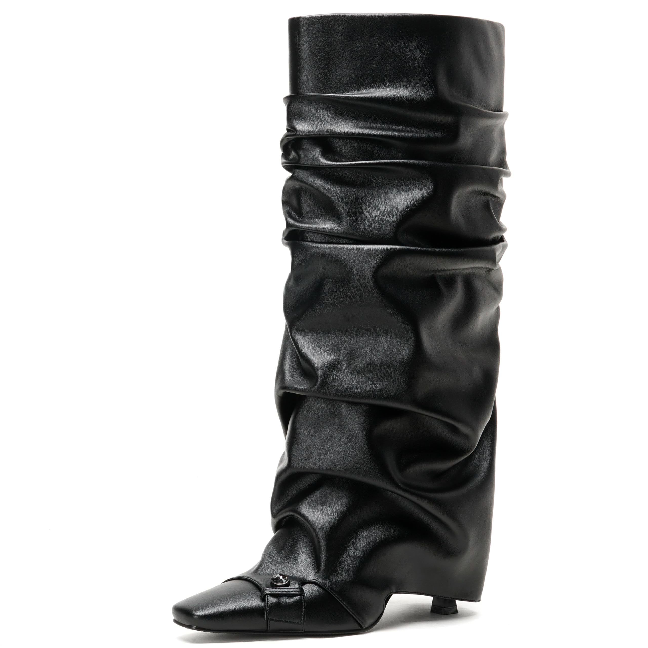 Womens Knee High Boots Fold Over Pointed Toe Stiletto Heel Tall Boots Kitten Heel Dress Long Boots for