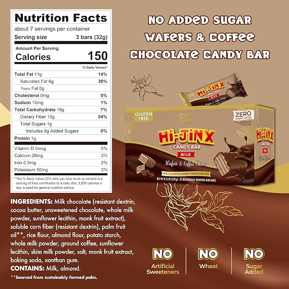 ChocZero Hi-Jinx Sugar Free Chocolate Wafer Candy Bars, Coffee Creme