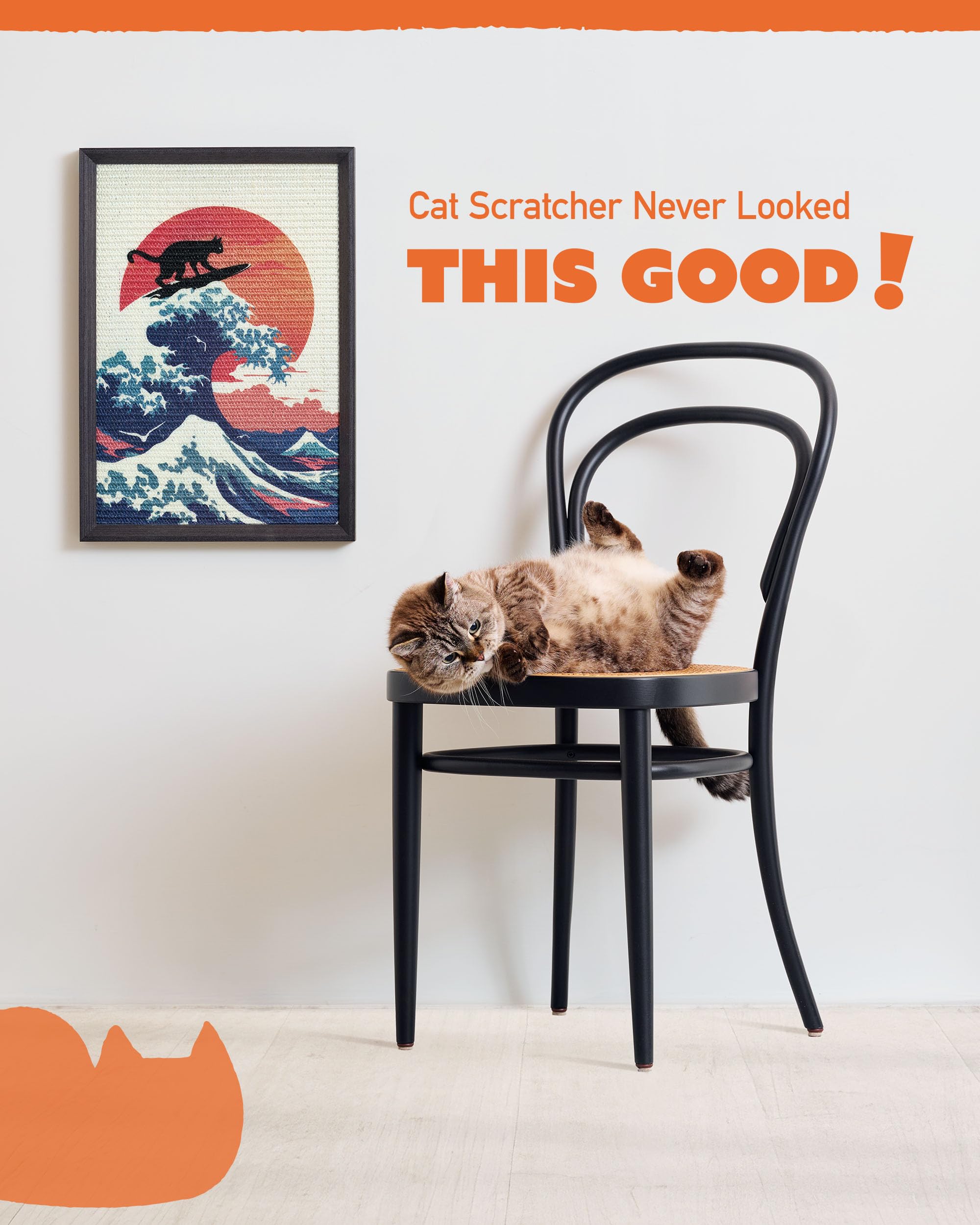 Tiragraffi decorativo da parete per gatti per graffi verticali, 35,6 x 50,8 cm, in sisal con cornice, senza trapano, resistente alternativa al cartone (The Cat Wave)