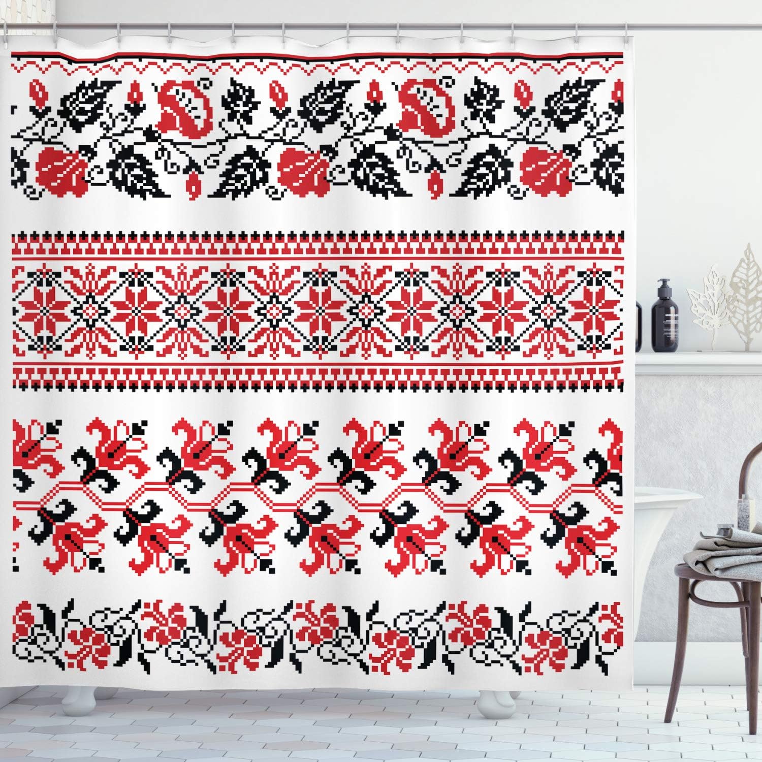 Lunarable Ukrainian Shower Curtain, National Rushnik Pattern Design Red Toned Floral Motifs Composition Retro, Cloth Fabric Bathroom Decor Set with Hooks, 69" W x 75" L, Black and Red