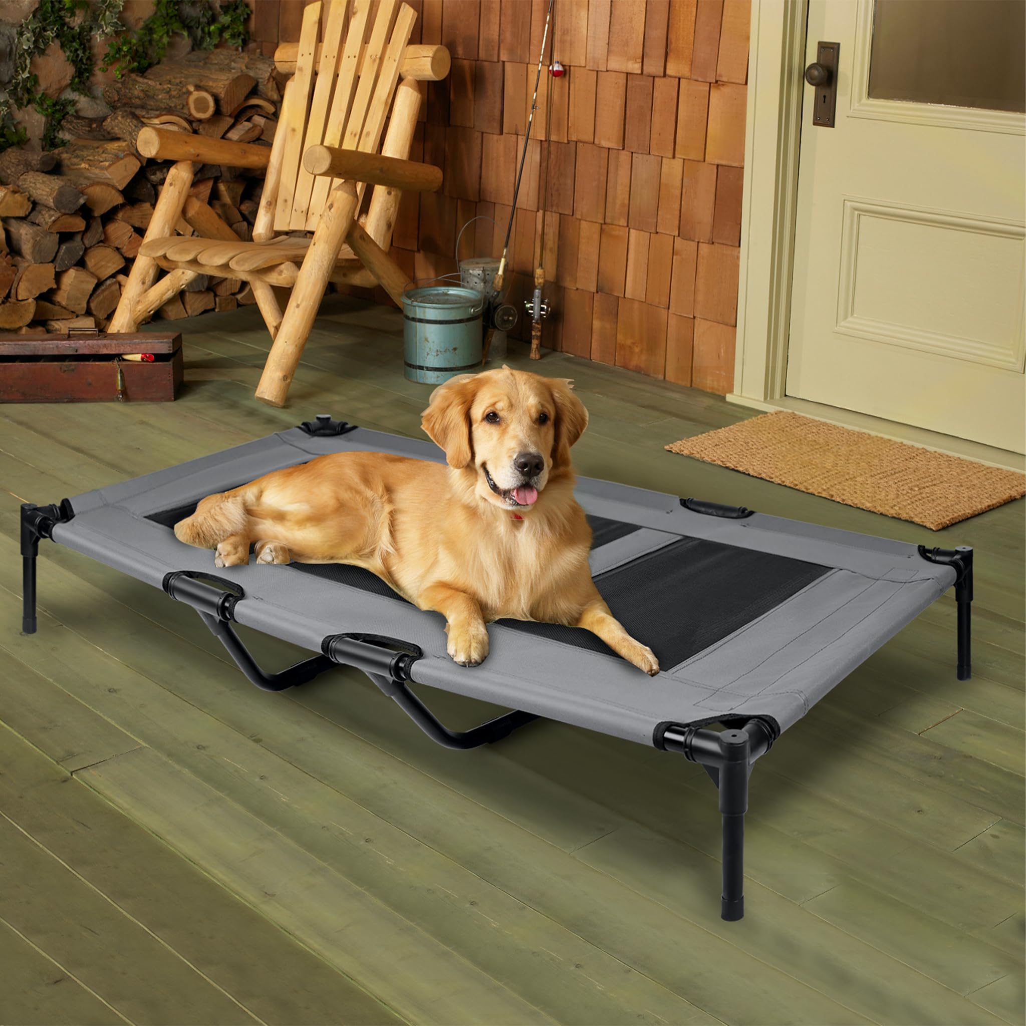 Froadp Lettino per cani per esterni, letto per animali domestici rialzato, con baldacchino, letto per cani e gatti, fino a 60 kg (XL – 122 x 92 x 102 cm)