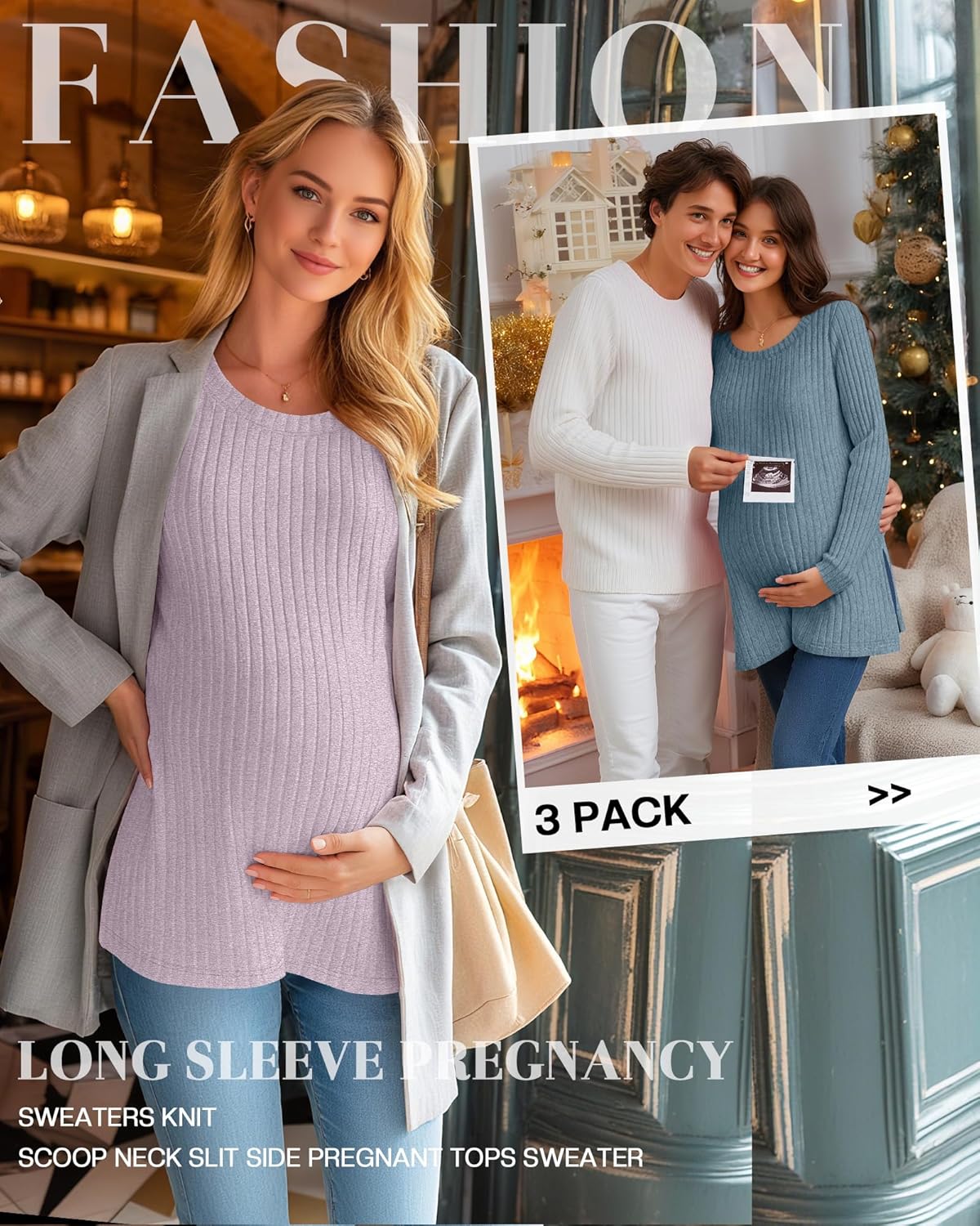 Ficerd 3 Pack Women's Maternity Shirts, Ribbed Long Sleeve Pregnancy Sweaters Crew Neck Slit Side Knit Pregnant Tunic Tee Top - Image 4