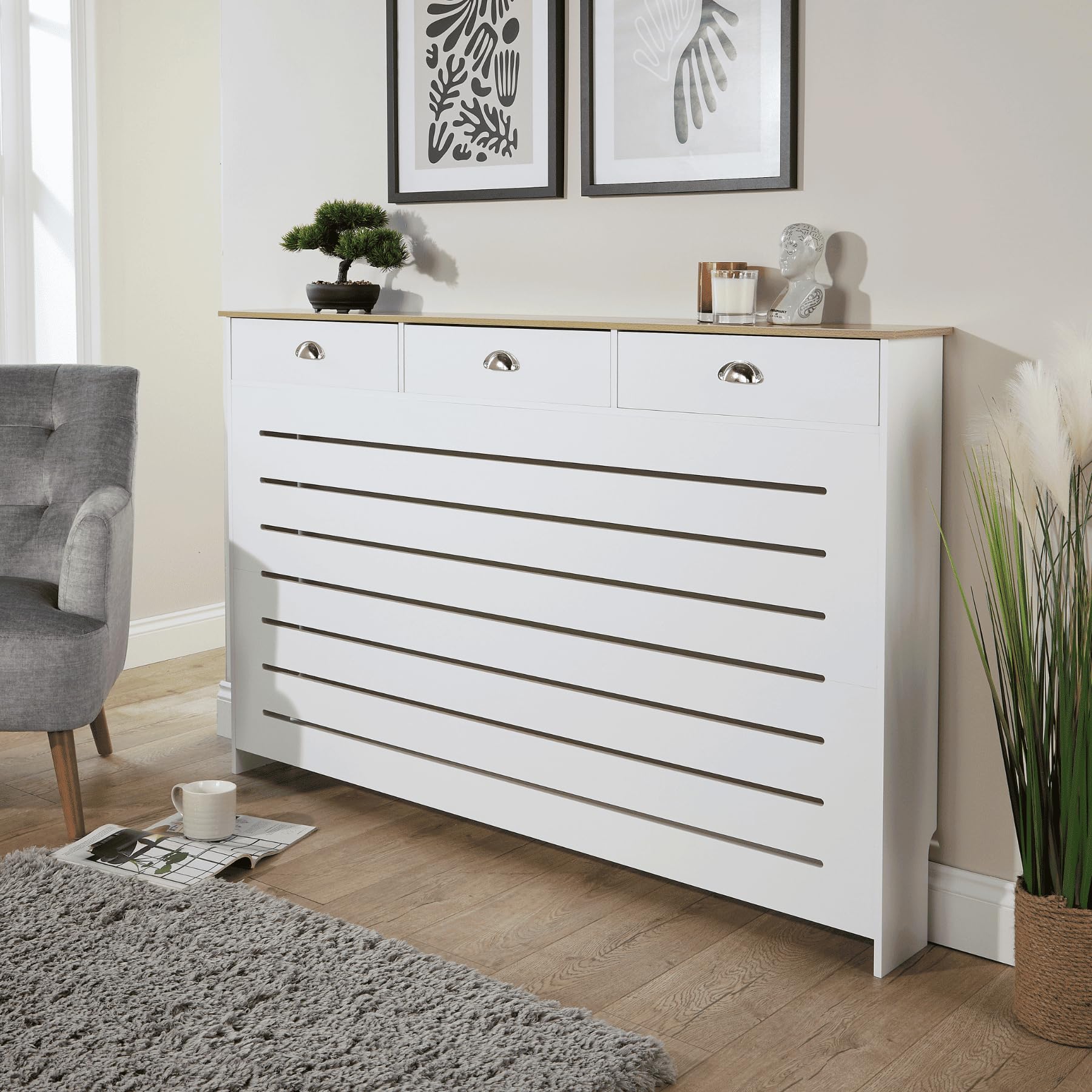 Home Source Batley Radiator Cabinet with Drawer – White Radiator Cover with Sonoma Oak Shelf – Modern Slatted Front Design