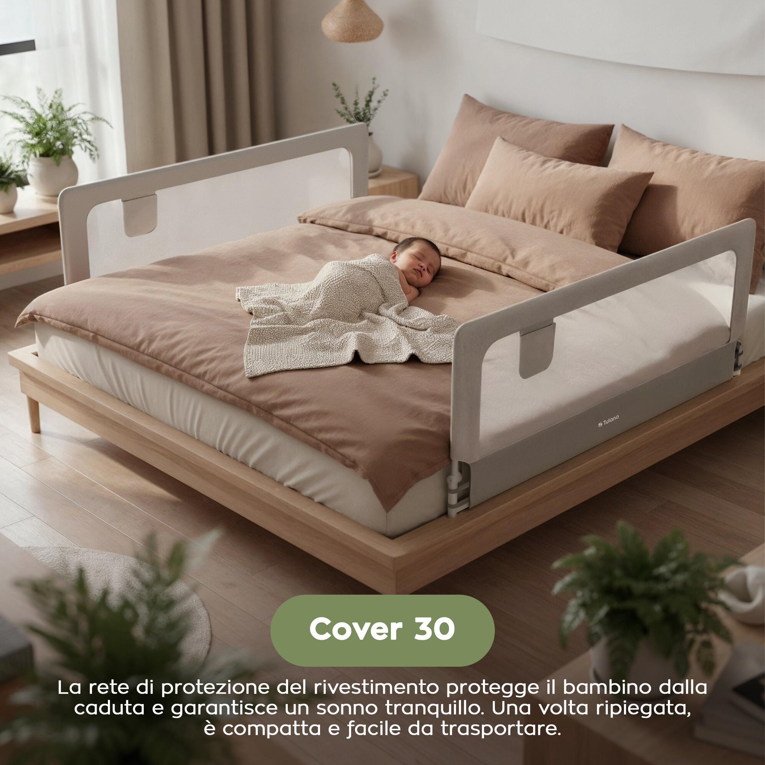 TULANO Cover 30 Barriera di sicurezza per letto 200 cm - Pieghevole a 180° | per materassi da 10 a 28 cm - con tessuto traspirante e angoli arrotondati - facile da montare - per bambini - bianco