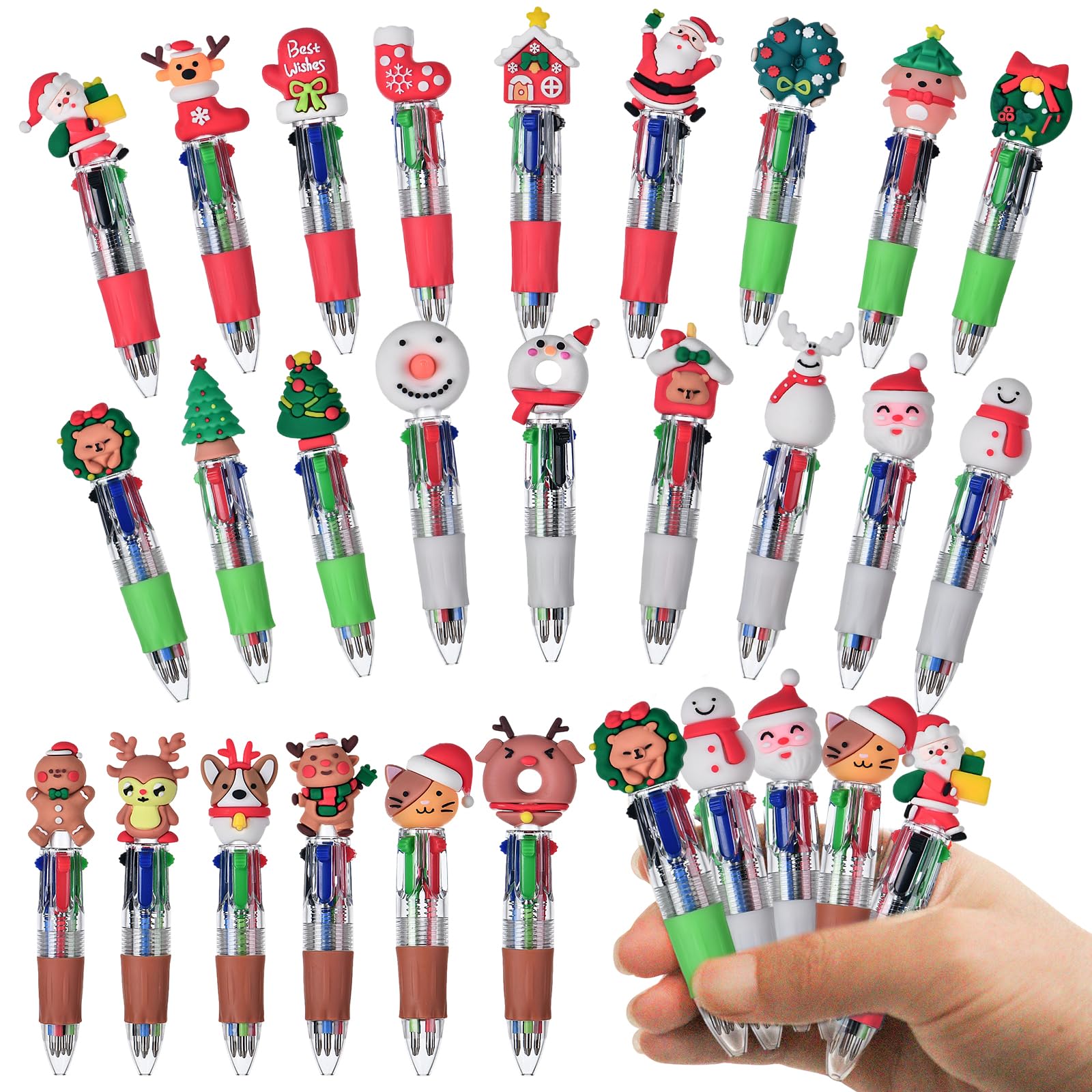 Zhirlyn 24 Pcs Christmas Multicolor Pens in One 4-in-1 Cute Kawaii Fun Pen Xmas Ballpoint Pen for Holiday Party Christmas Stocking Stuffers Classroom
