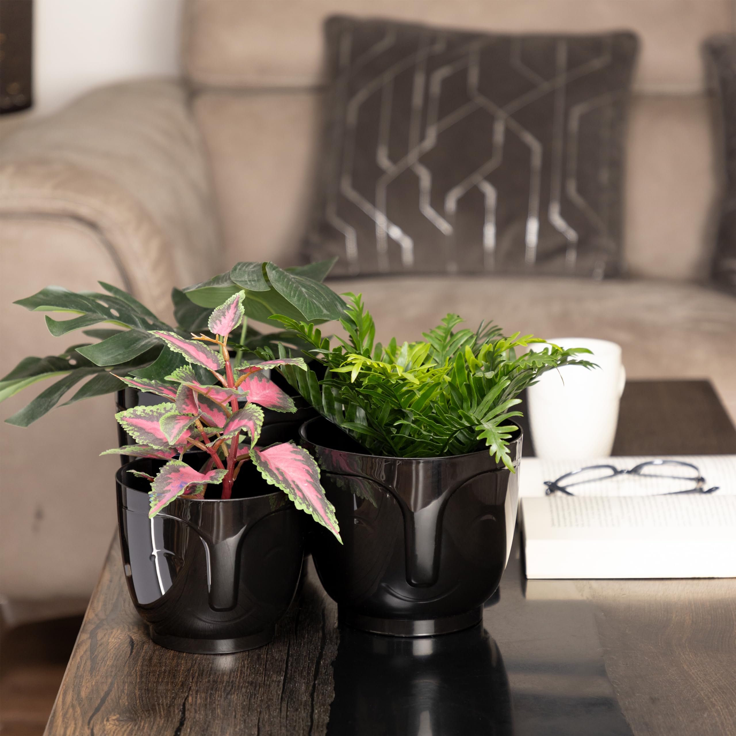 Home Garden Ornaments Plant Pots Indoor - Set of 3 Plastic Decorative Pots 14/16/18 cm, Smiling Face Pattern (Black) - Image 3