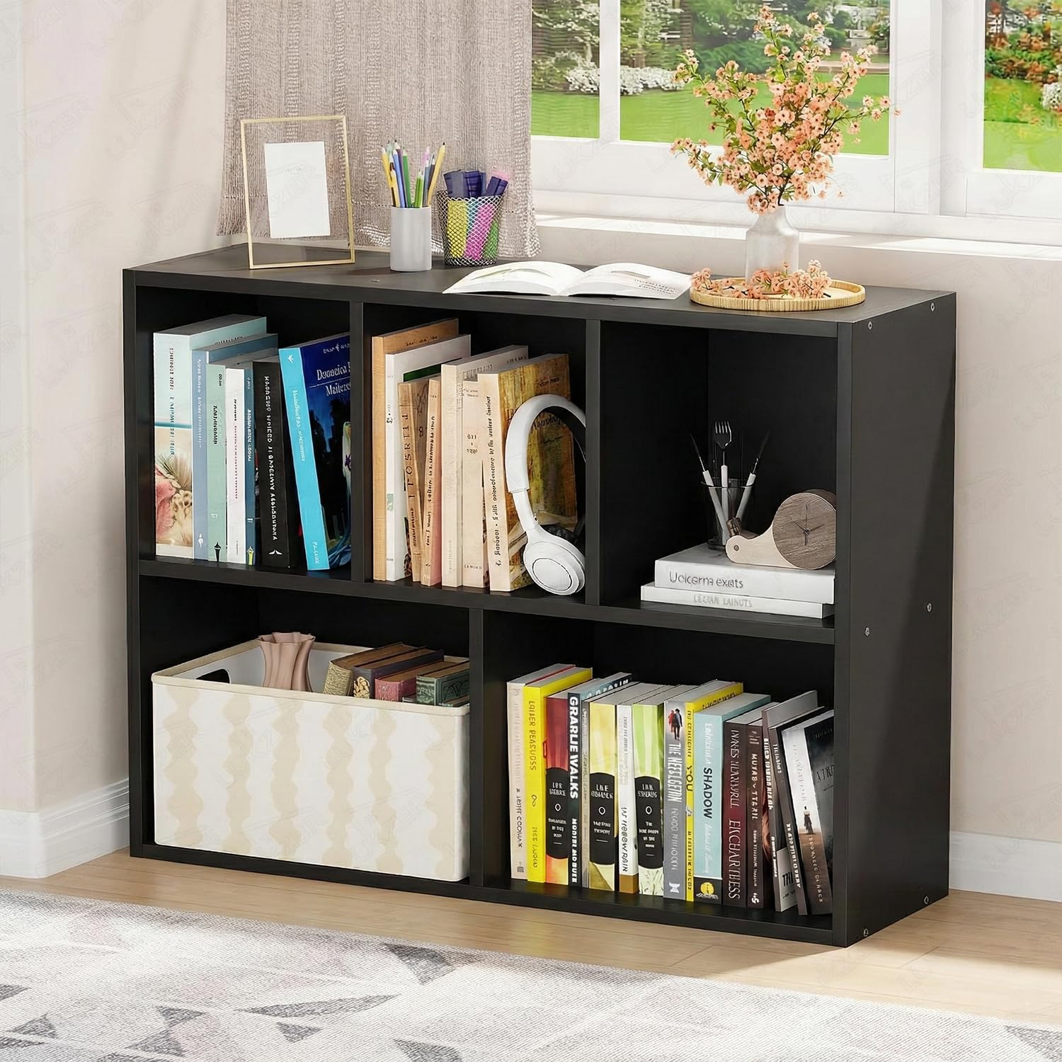Lukzer 5 Shelf Engineered Wood Bookshelf Storage Rack | Multipurpose Open Bookcase for Home, Office, Kitchen & Study | Vertical & Horizontal Use | DIY Assembly | MR-026 Black