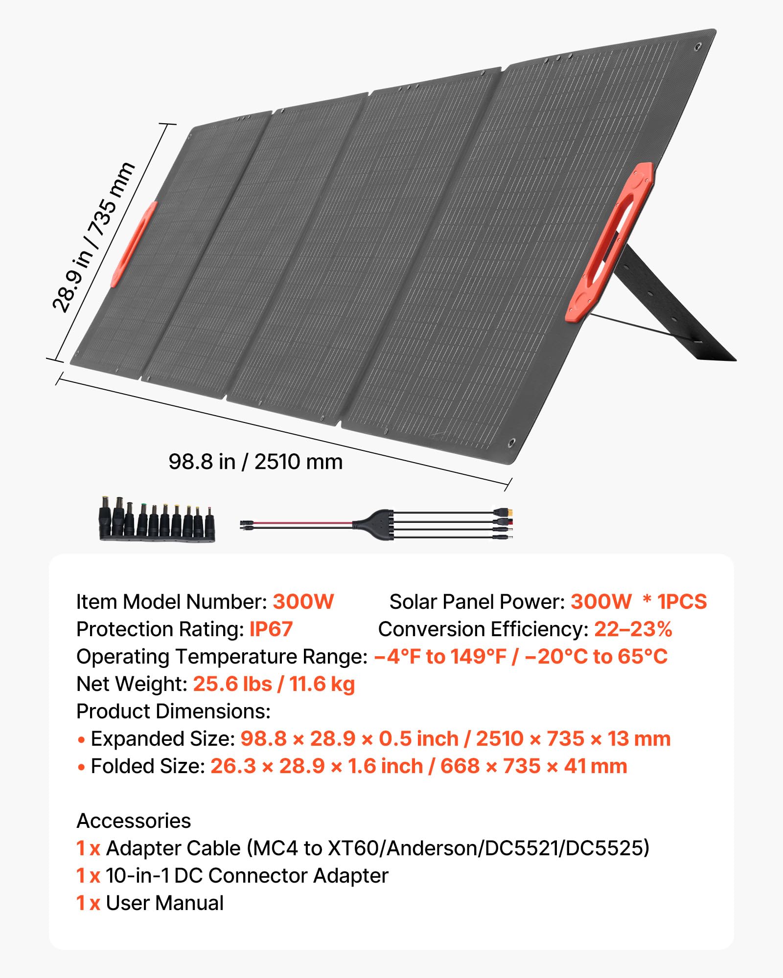 VEVOR Monokristalline Solarmodule 300W Faltbar, ETFE-Solarpanel-Ladegerät mit MC4-Ausgang & 10-in-1-DC-Adaptern, IP67 Wasserdicht, Balkonkraftwerk für Powerstations, Camping, Wandertouren