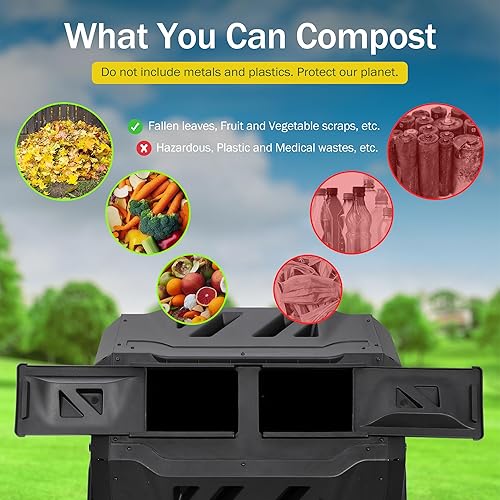 Miniatura 4 de JupiterForce Vaso de abono de doble cámara para exteriores, 43 galones, contenedor grande de compostaje para exteriores, con rotación de 360, con 2