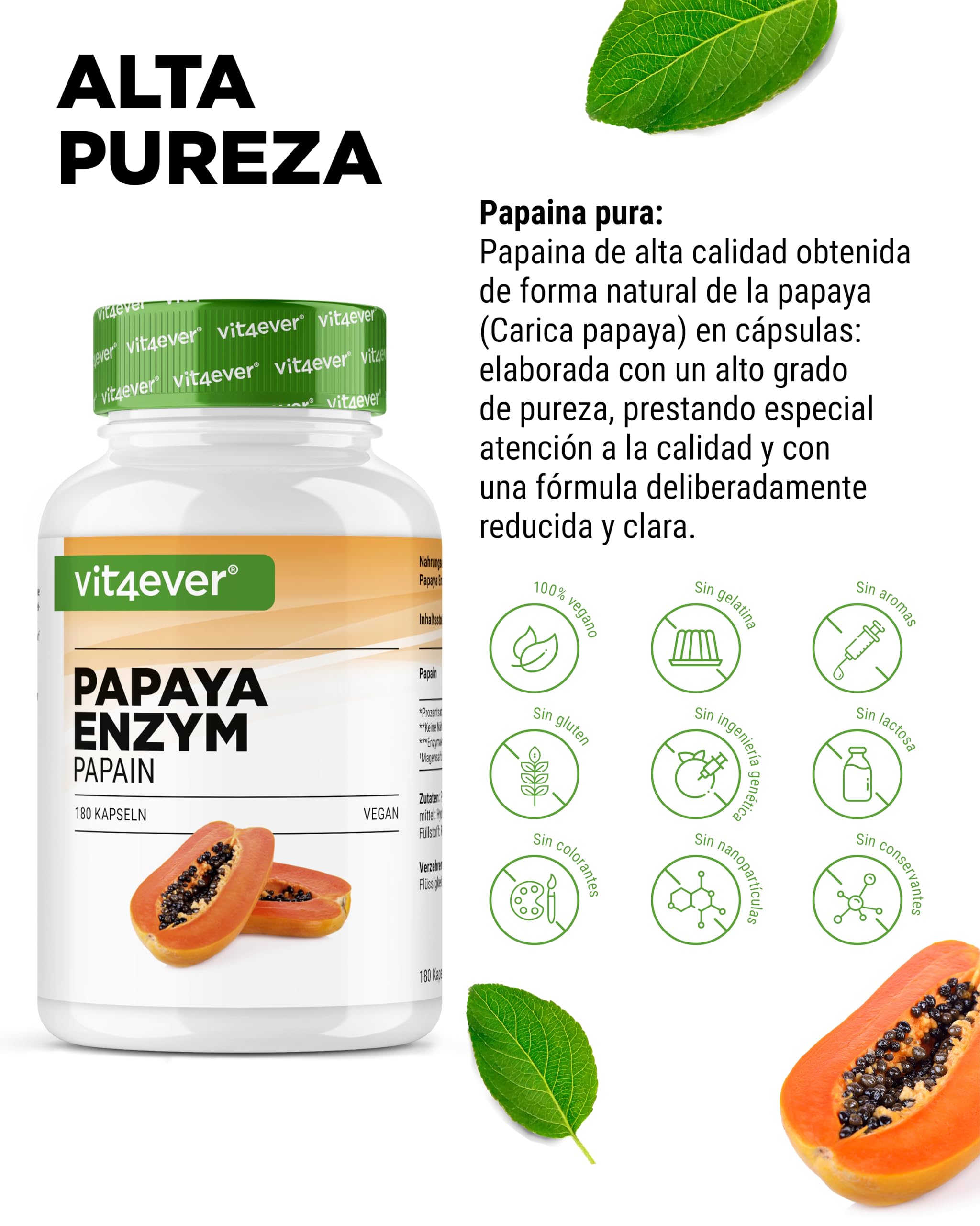 vit4ever Enzima de Papaya de Alta Dosis - 2100 mg de Papaína de Papaya - 12.600.000 U de Actividad Enzimática - 180 Cápsulas Veganas Gastrorresistentes - Sin Aditivos Innecesarios