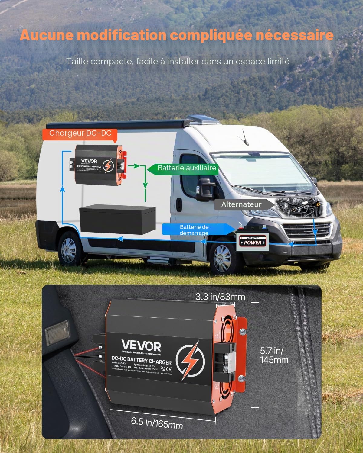 VEVOR Chargeur de Batterie CC à CC 12 V 40 A 500 W pour Batteries Plomb-acide, Lithium, AGM, GEL, Facile à Installer, Chargeur Intelligent Multi-étapes pour Voitures, Camping-cars, Camions, Bateaux
