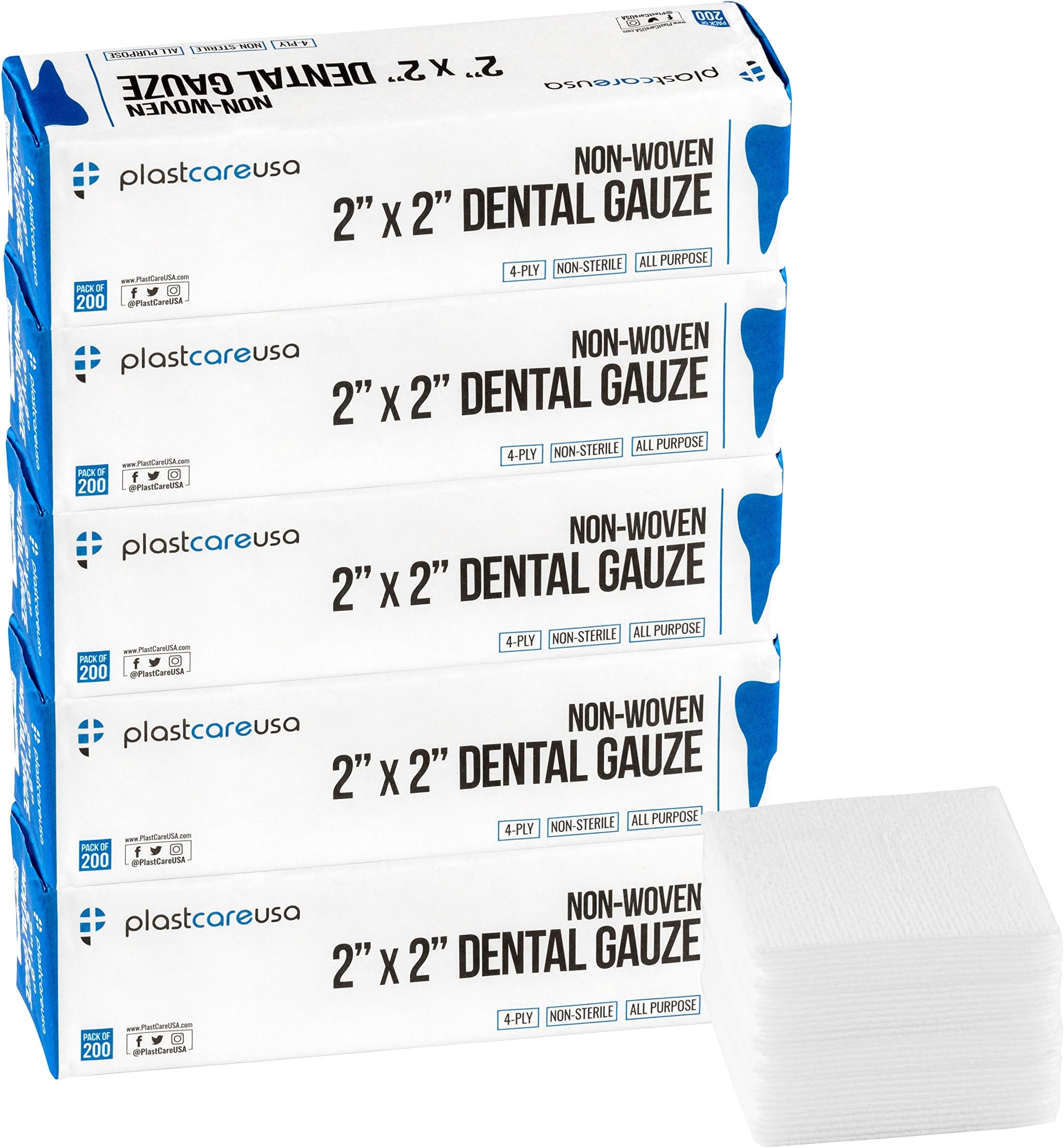 1000 Count 2x2 Gauze Pads - Soft 4-Ply Non Woven Sponges - Non Sterile Dental & Esthetic Wipes - All Purpose Medical Gauze Squares for First Aid, Surgical, Wound Dressing (5 Packs of 200)
