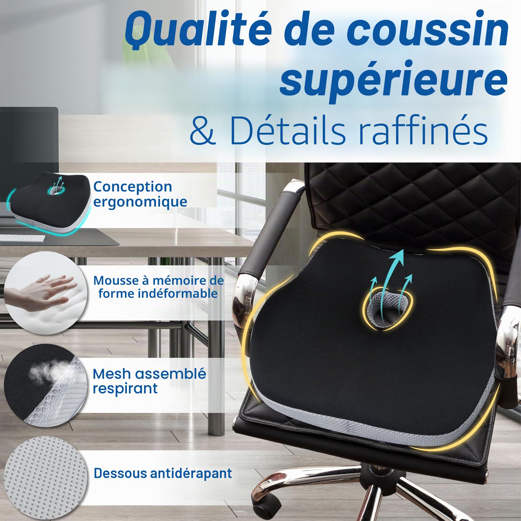Coussin de siège de voiture, coussin ergonomique en mousse à mémoire de forme pour soulager la douleur sciatique, siège rehausseur adulte pour personnes courtes, coussin de voiture pour conduite