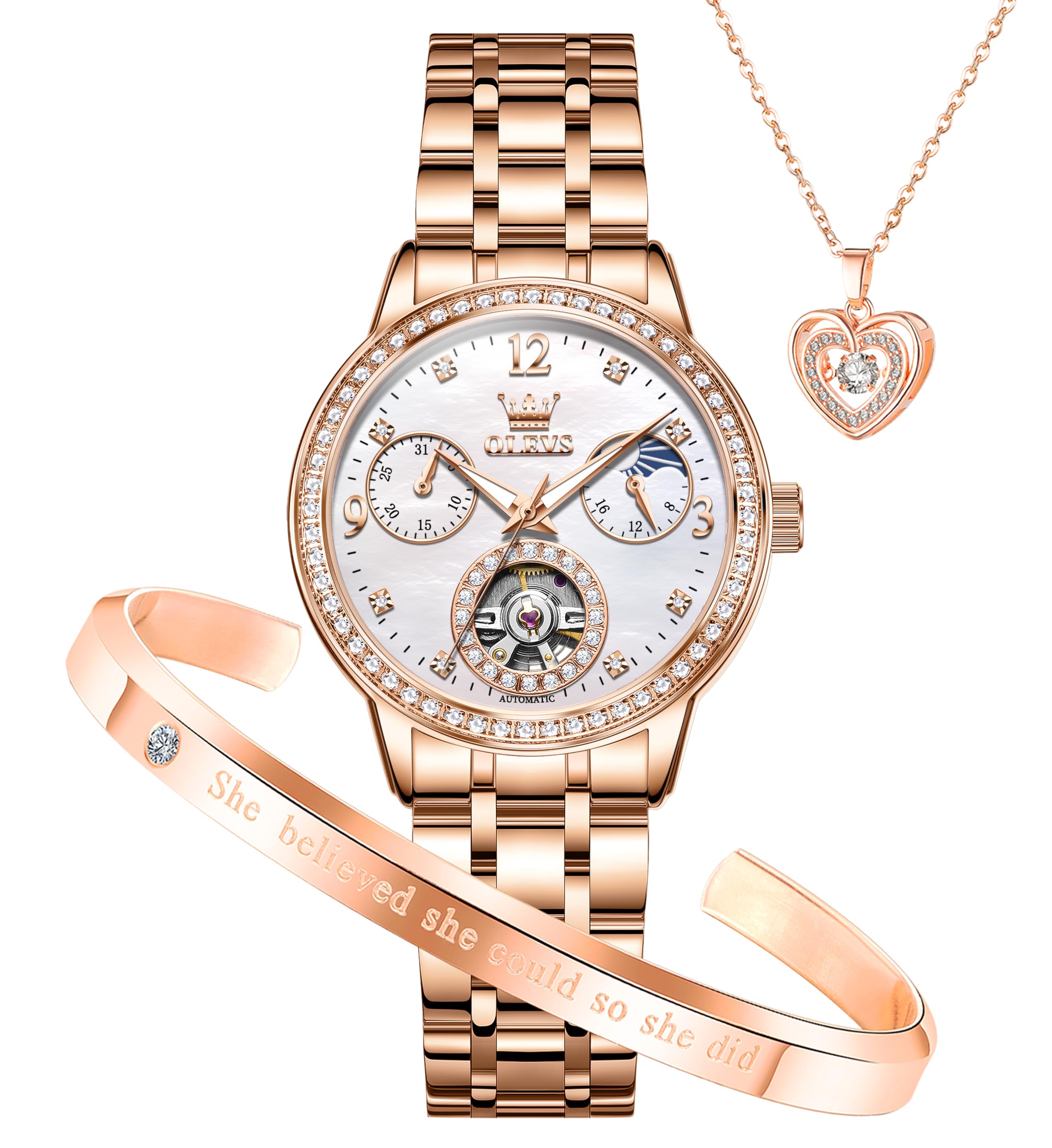 Automatic Luxury Diamond Self Winding Mechanical Womens Watches Bracelet Set