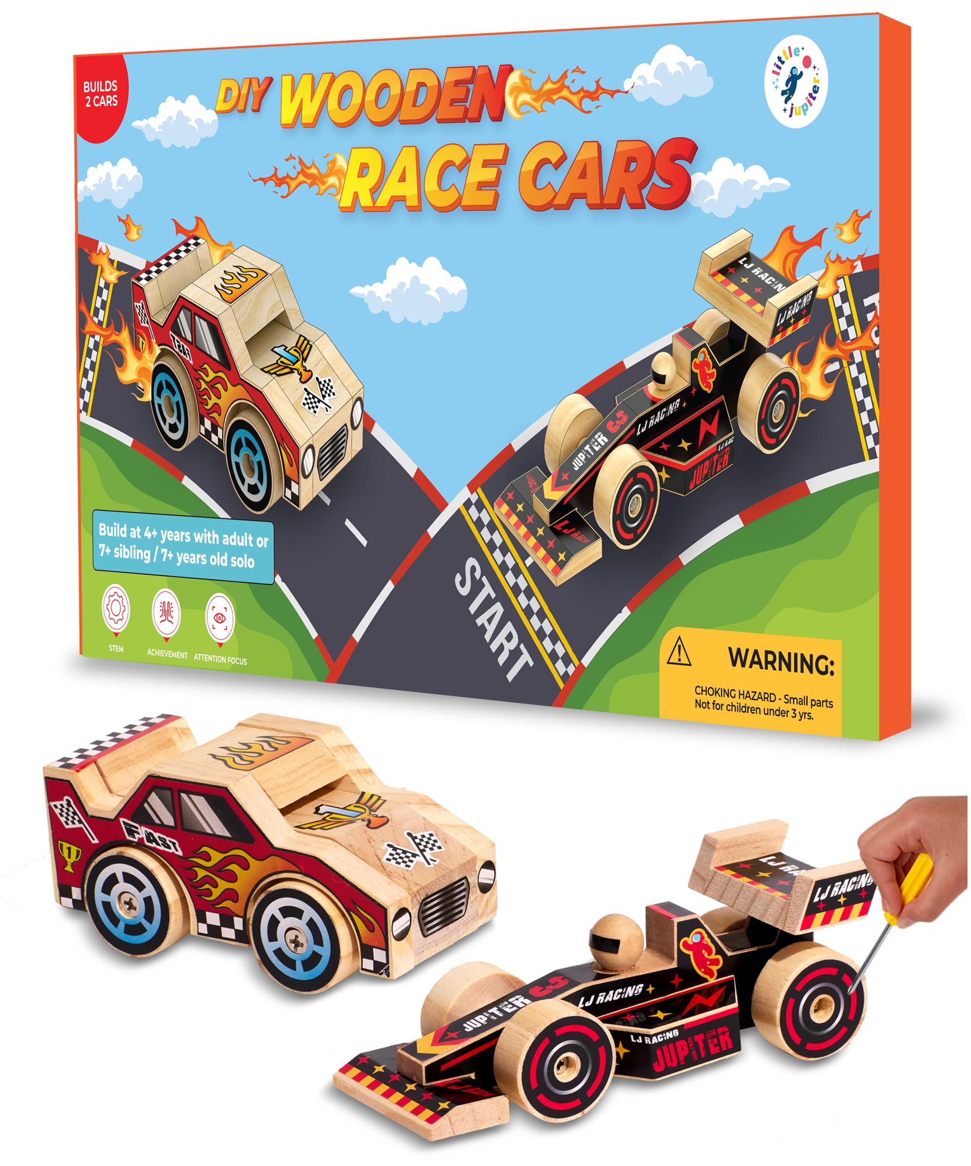 Little Jupiter DIY Wooden Kits w/Stickers - Stem Building Toys - Wood Crafts - Woodworking Kits - Wood Building Kits for Ages 4-7 Yrs (Open & Closed