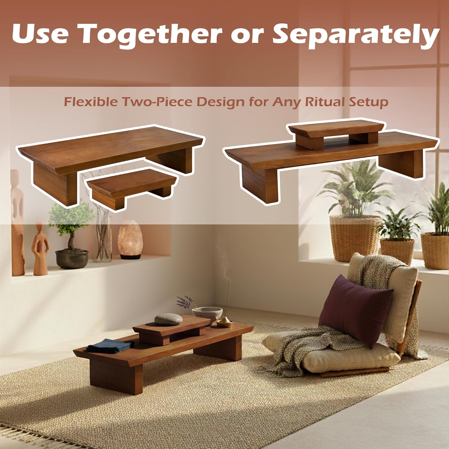 Meditation Altar Table Solid Wood, Wooden Puja Table for Relaxation and Prayer, Low Meditation Tables, Japanese Floor Table, Small Coffee & Tea Table for Home, Office, Studio