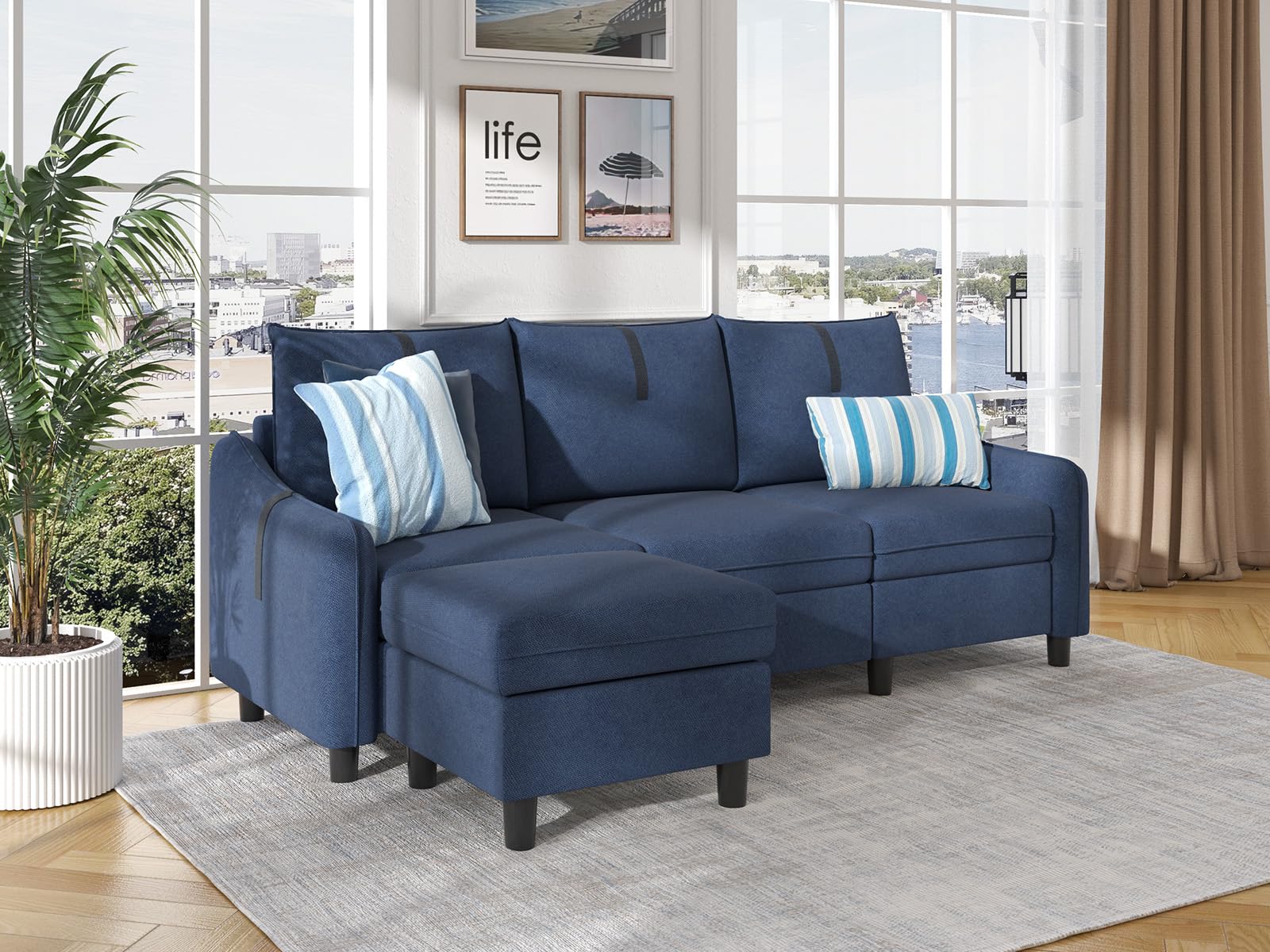 Pingliang Home 80" Sectional Sofas for Living Room, 3 Seat L Shaped Couch with Reversible Ottoman, Modern Linen Fabric Small Sectional Couch for Apartment Small Space, Navy Blue (Box 2/2 only)