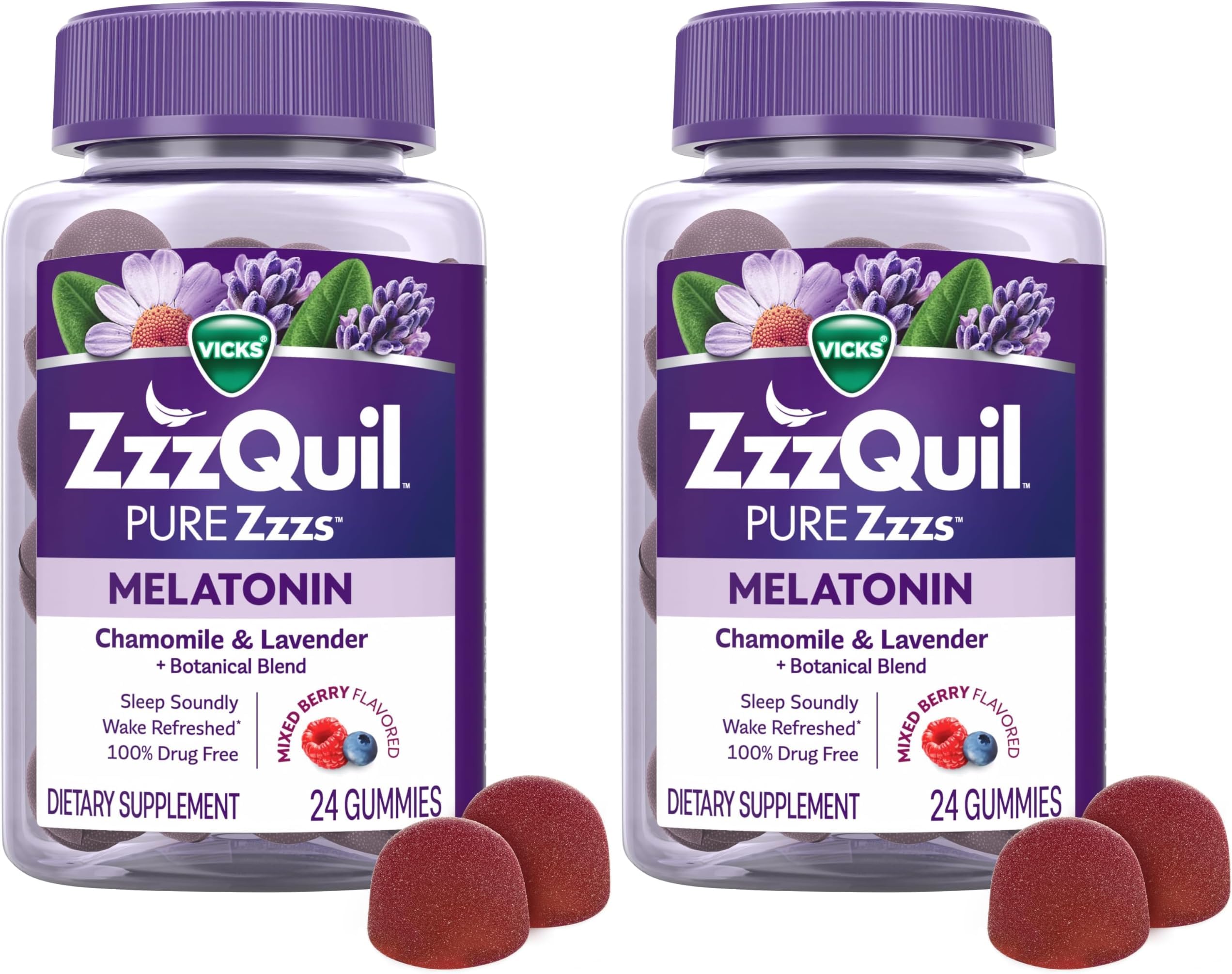 ZzzQuil Pure Zzzs, Melatonin Sleep Aid Gummies with Lavender, Valerian Root and Chamomile, Natural Wildberry Vanilla Flavor, Non-Habit Forming, Drug-Free, 24 Gummies (Pack of 2)