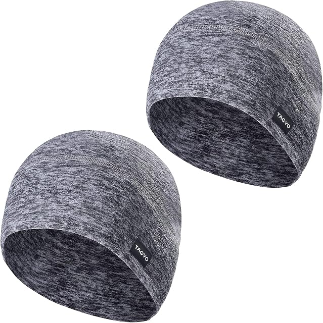 TAGVO 2 Packs Winter Thermal Fleece Running Hat, Beanie Cap Headwear with Ear Covers, Skull Cap Cycling Helmet Liner for Adults Women and Men Unisex Elastic Size Universal