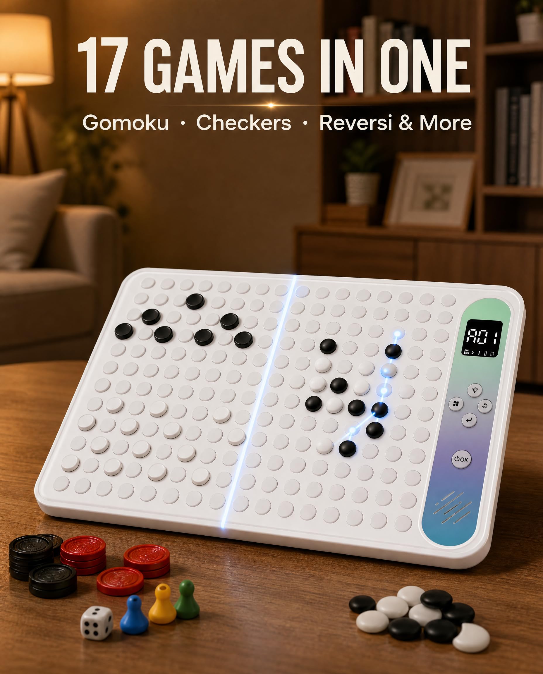 Luqeeg Échiquier électronique Intelligent AI, Jeu de société avec 17 Jeux et 40 Modes, Jeu d'échecs à luminosité Réglable avec Haut-Parleur intégré, Idéal pour Les Enfants, Les Débutants et Les