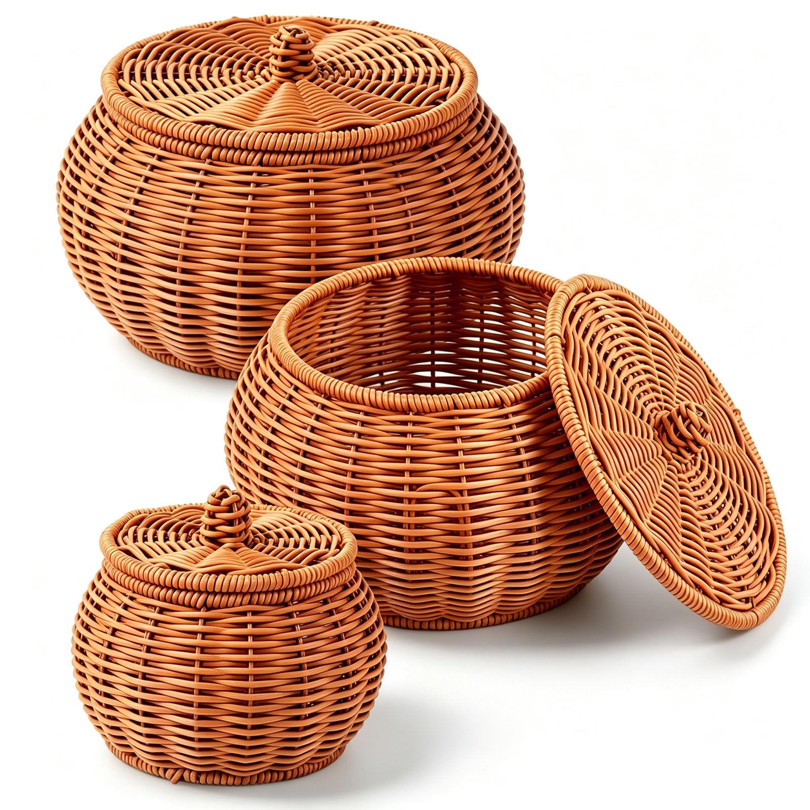 Junkin Set of 3 Round Rattan Basket Box with Lid Wicker Storage Baskets Bin