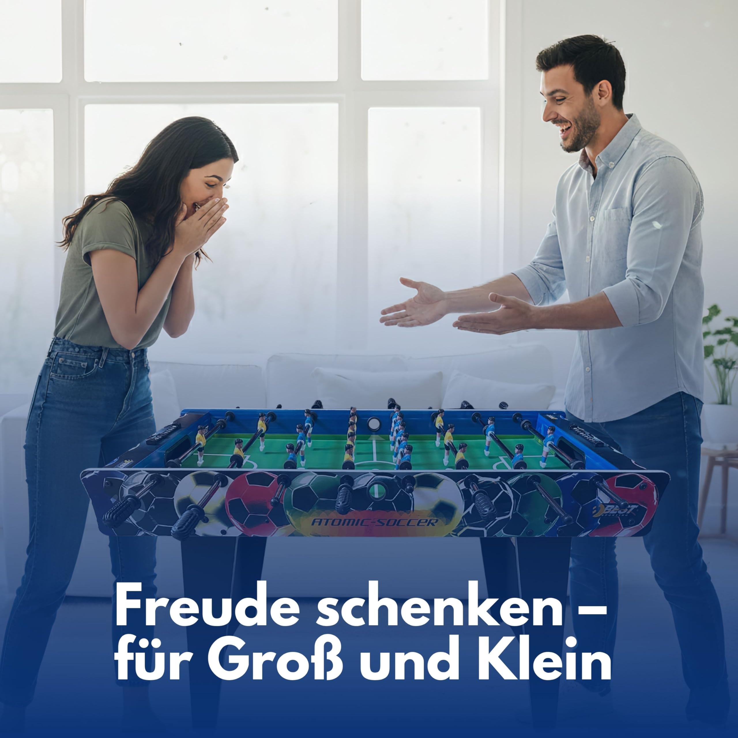 BEST SPORTING Tischkicker Kinder & Erwachsene | Kickertisch Spiele, Tischfussball & Fußball Spielzeug – inklusive 2 Kickerbälle, höhenverstellbare Füße, Antirutsch-Griffe, Atomic-Soccer Design