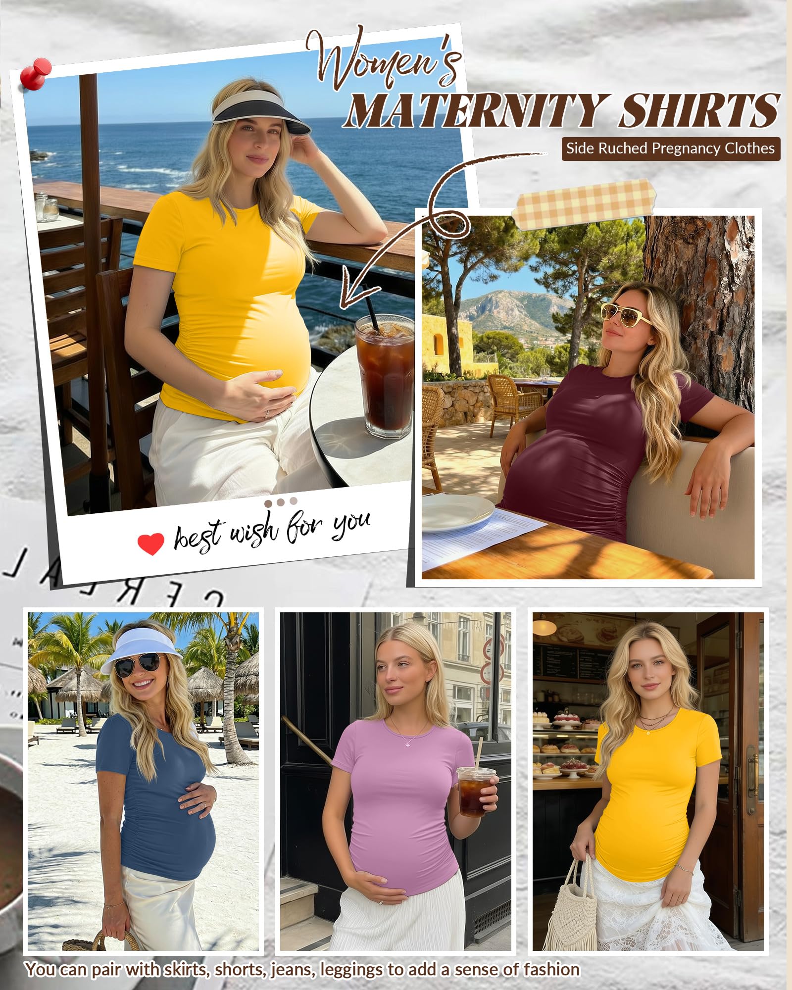 Geyoga Lot de 4 T-Shirts de Maternité pour Femme, à Manches Courtes, Col Rond, Coupe Décontractée avec Fronces sur Les Côtés