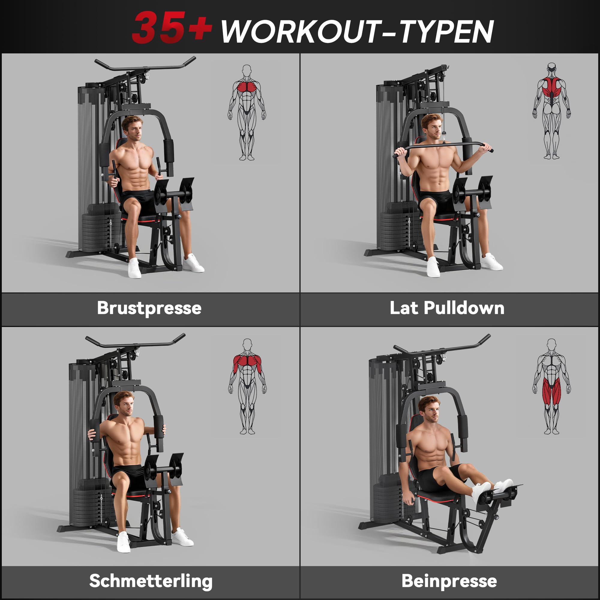 SPORTNOW Kraftstation, Multifunktionale Fitnessstation mit Latzug- & Butterflystange, Beinpresse, Fitnessgerät mit 45 kg Gewichtsblöcken für Zuhause, Schwarz