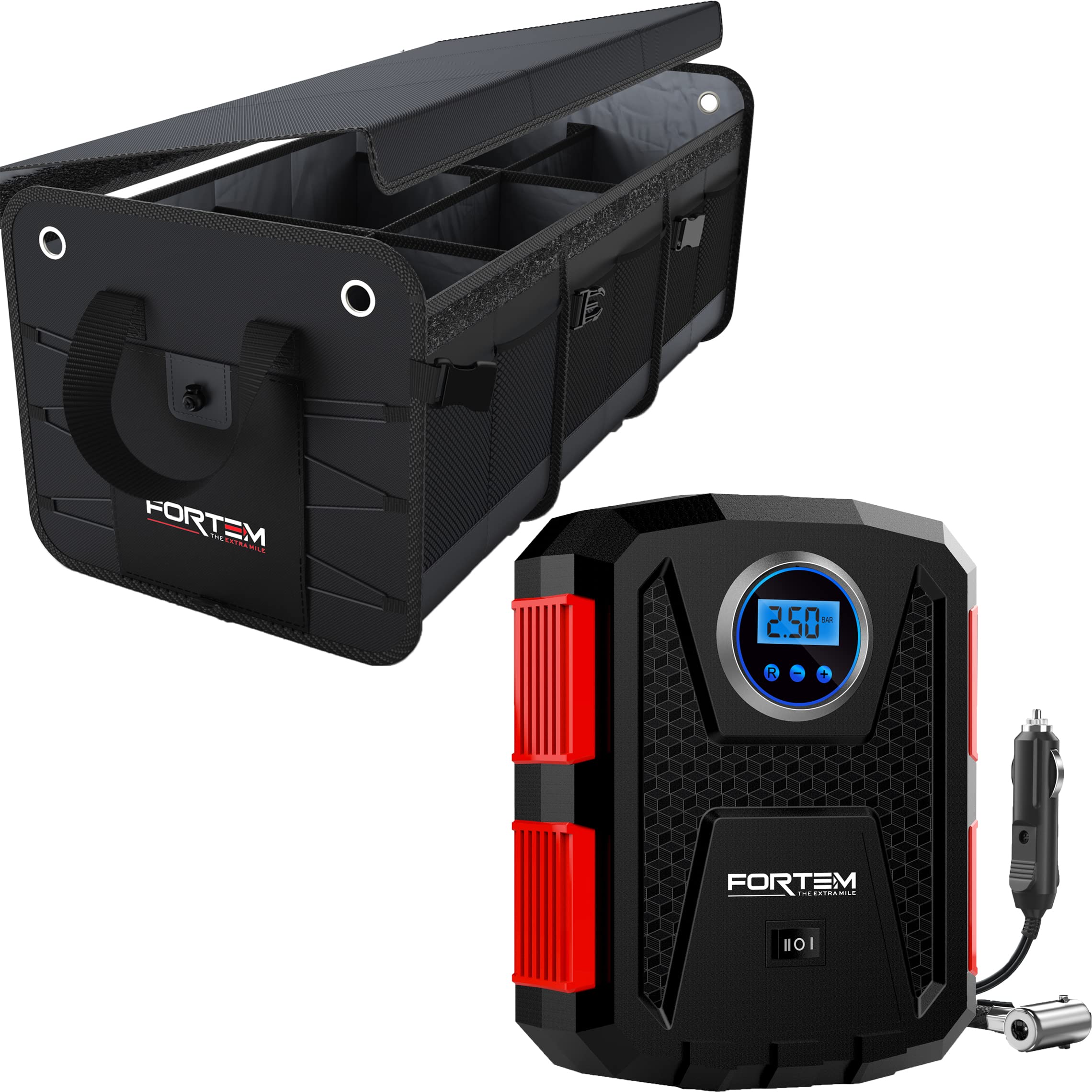 FORTEM Car Trunk Organizer (3 Compartment, Black) + Portable Tire Inflator