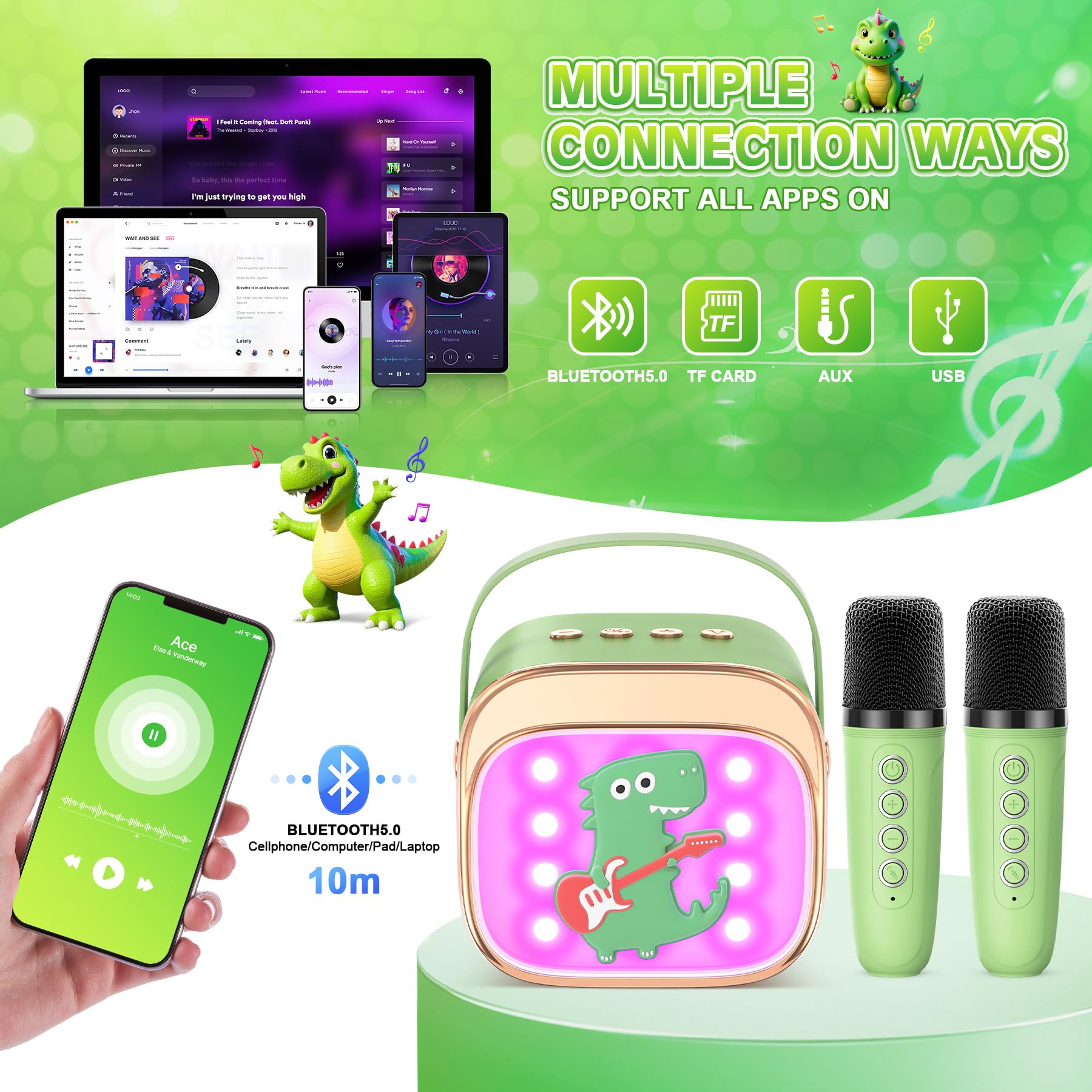 LUVTOY Karaoke con 2 Microfono Bambini: [Personalizzazione Esclusiva] - Karaoke con Luce LED - Pasqua Regalo per Bambino 3-12 Anni - Giocattolo Bambini 3-12 Anni - Giocattoli di Dinosauri