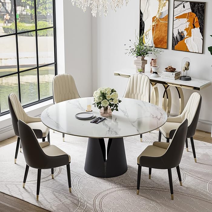 Buy Modern Round Dining Table, White Sintered Stone Tabletop Dining