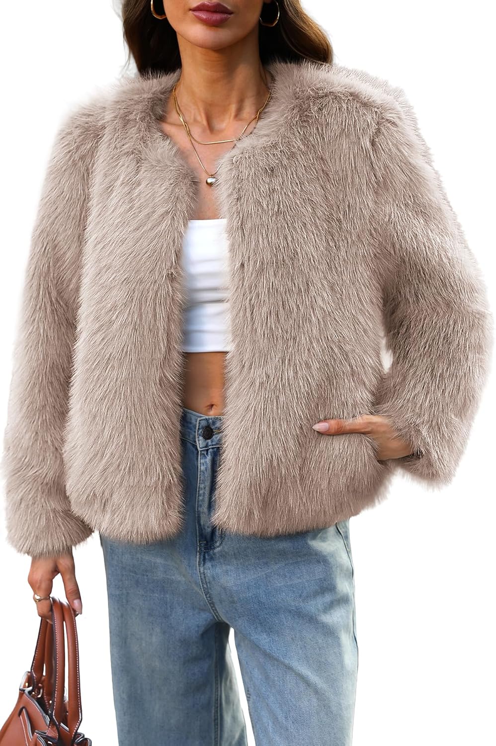 ELLEVEN Women’s Fluffy Faux Fur Cropped Coat – Soft Warm Fashion Winter Jacket with Hooks & Pockets