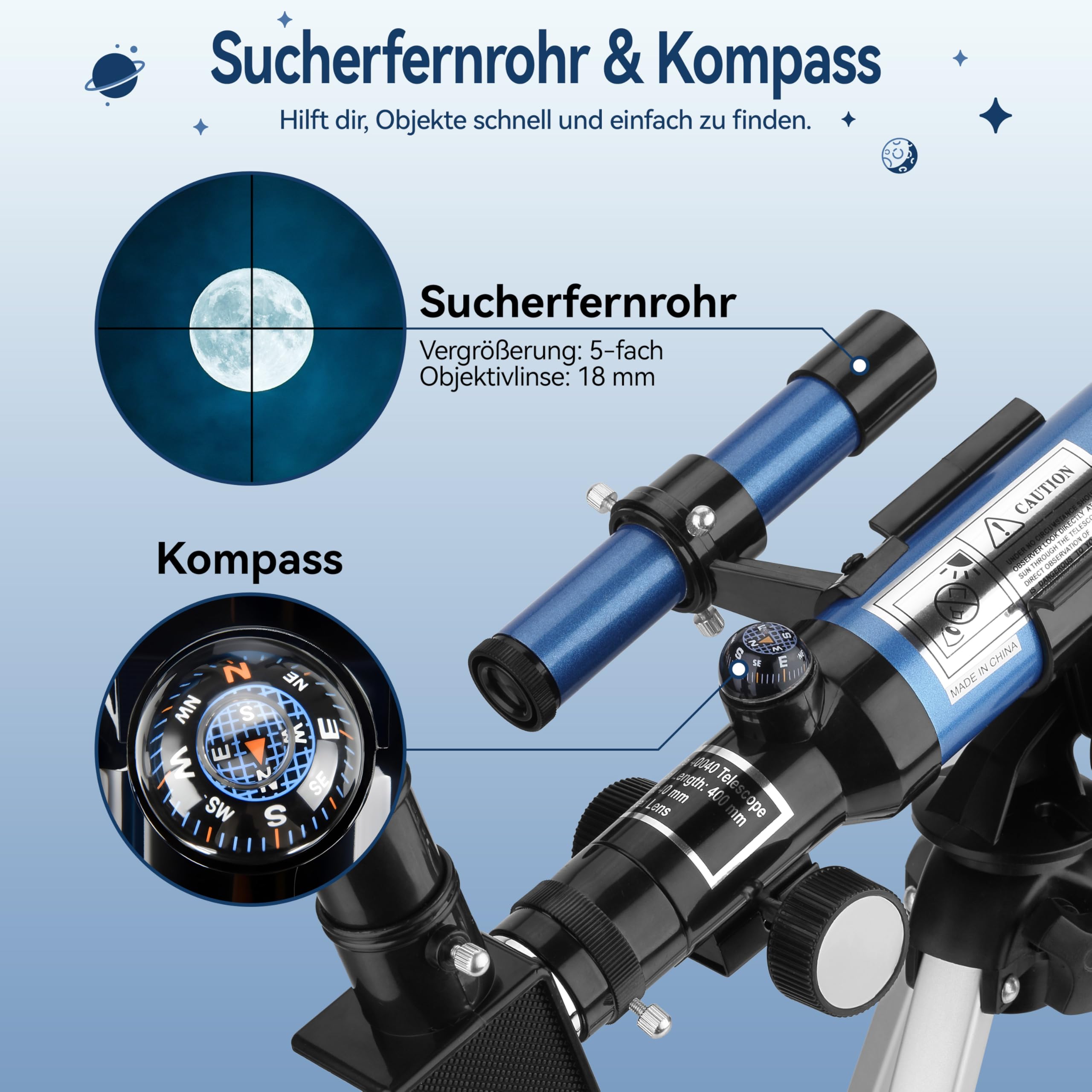 Aomekie Teleskop für Kinder und Einsteiger mit 10X Smartphone Adapter, Ausziehbarem Stativ, Tasche, Mondfilter und Aufrechtem Sucherfernrohr