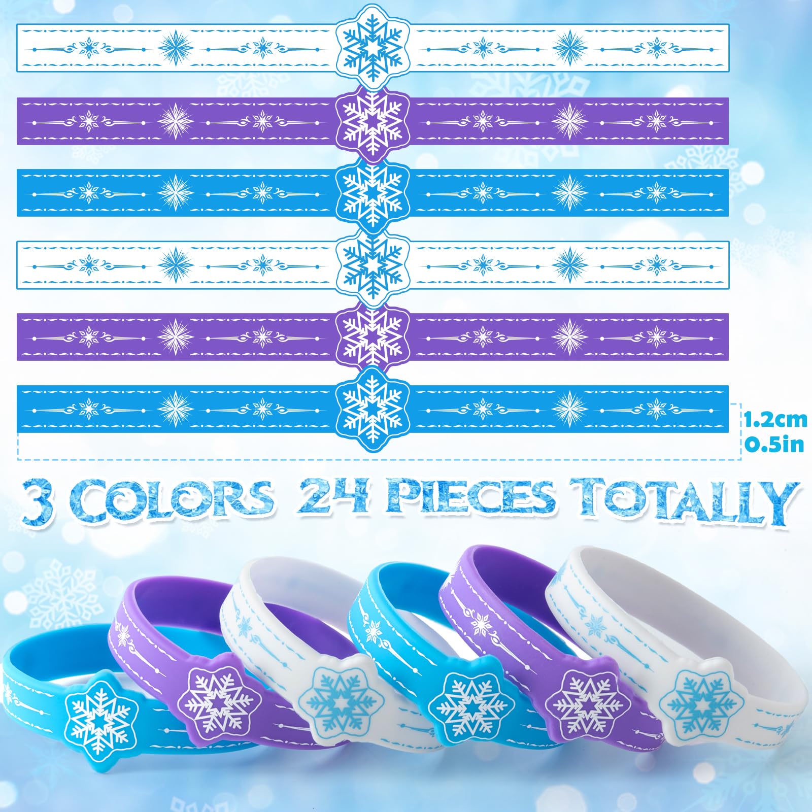 Toyssa – 24 Bracelets Silicone Frozen – Anniversaire Reine Des Neiges, 3 Couleurs, 20 Cm, Cadeau Enfant, Pinata