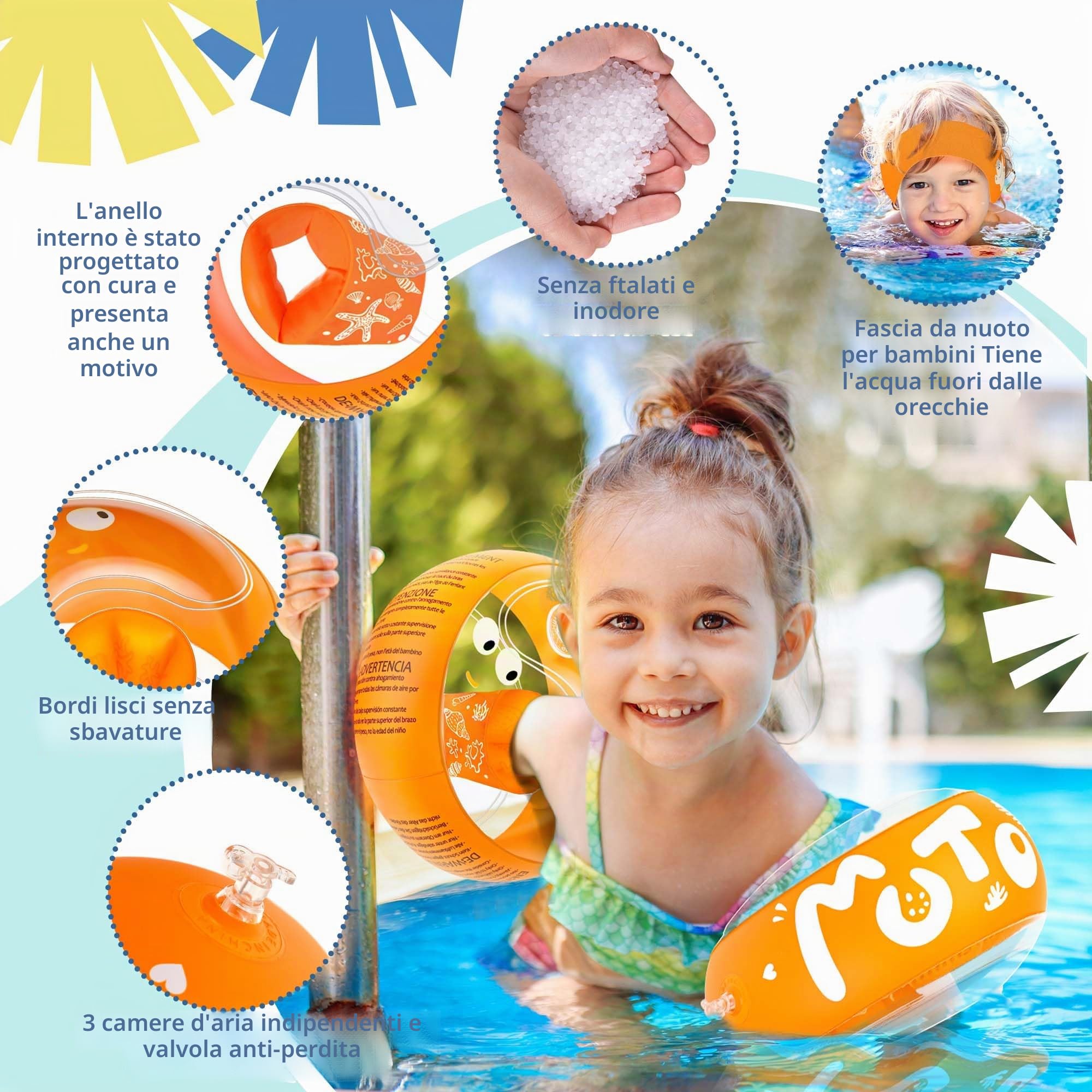 Braccioli Bambini con Fascia Protettiva per Orecchie, Braccioli di Sicurezza per Bambini 1-6 Anni, 3 Camere D'aria Indipendenti, Design Trasparente, Braccioli Gonfiabile per Piscina, Spiaggia