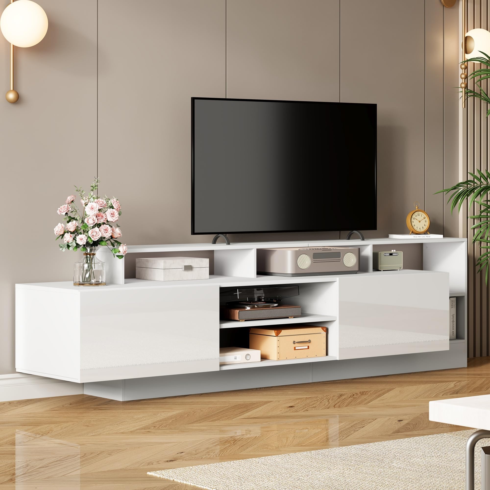 Azkoeesy Mobile TV da 190 cm, bianco lucido, luci a LED, 2 ante e scomparti aperti, moderno mobile TV per soggiorno