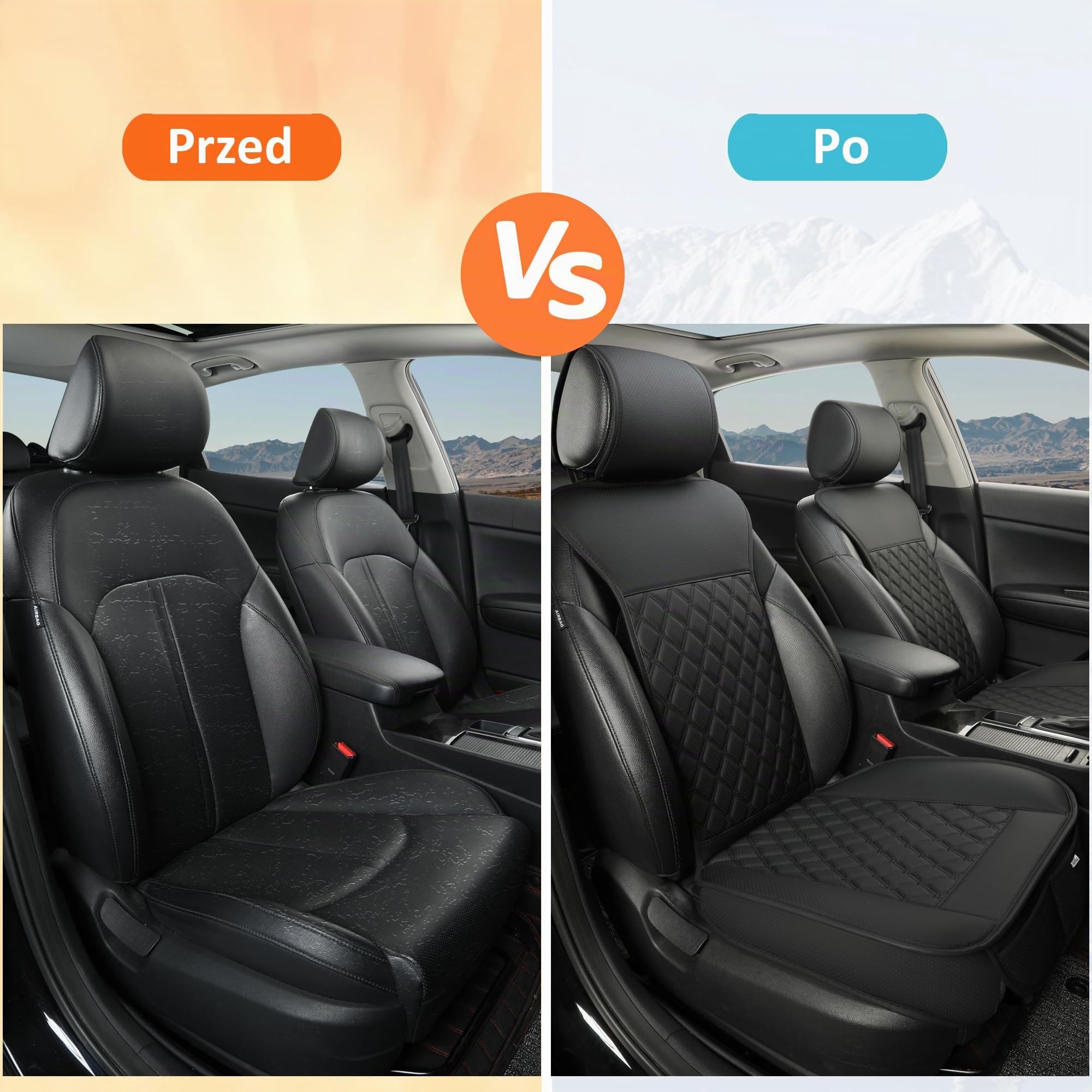 Black Panther Pack de 2 Fundas de Asiento Delantero con Fundas para Reposacabezas – Cuero PU, Acolchado de Rombos, Ajuste Universal | Protección Total de la Base | Instalación Fácil (Negro)