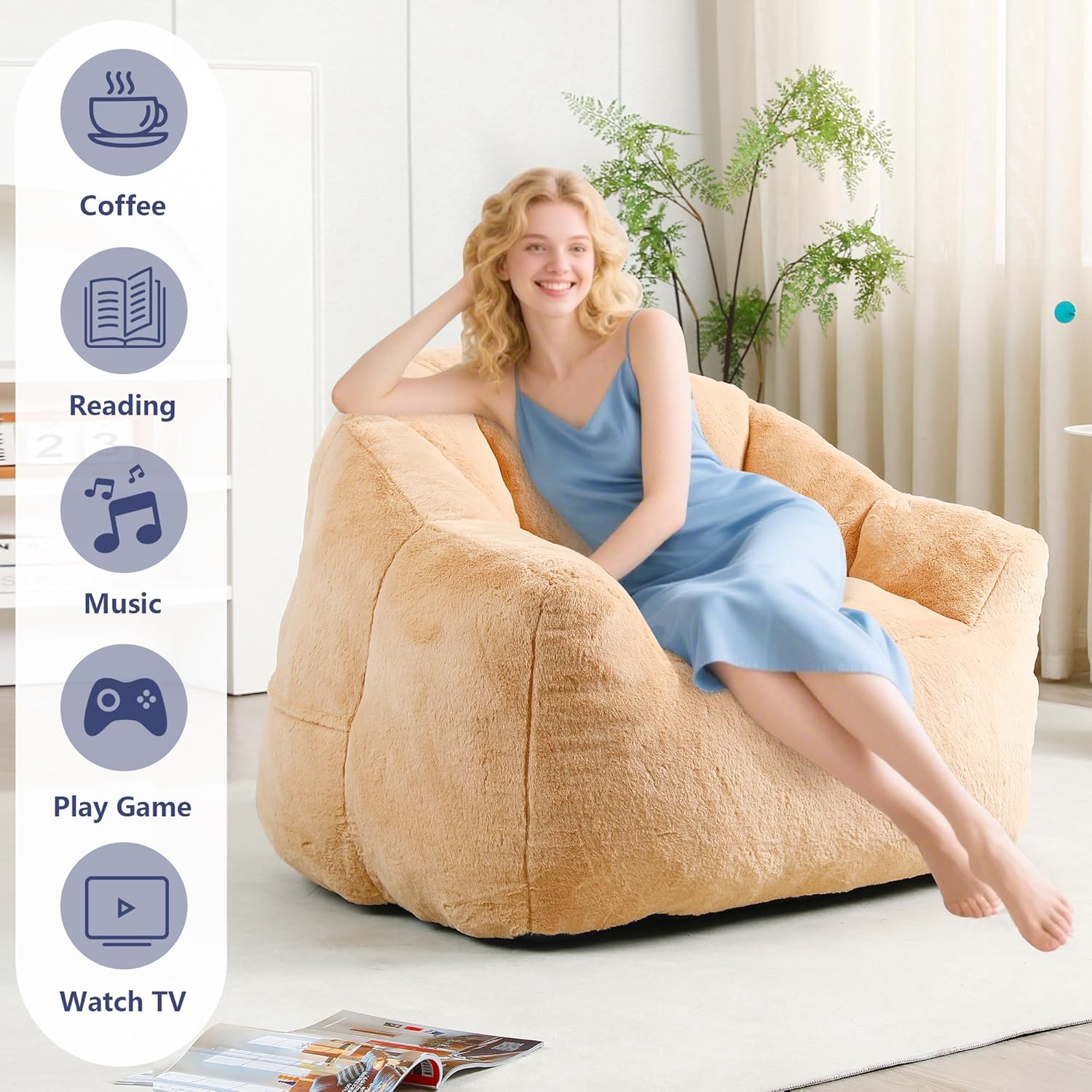 mikibama 41.4" Bean Bag Chair with Arms,Comfy Faux Fur Boneless Beanbag Chairs for Adults and Kids, Channel Tufted Lazy Floor Sofa Chair for Living Room Apartment,Bedroom Dorm(Orange)