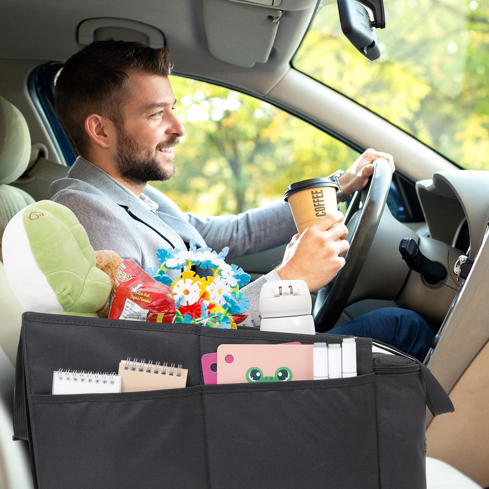 Cozary Organizer samochodowy dla dzieci, na zabawki, książki, przekąski, organizer na tylne siedzenie dla dzieci, z uchwytami na kubki i kieszeniami z siatki, składany organizer na tylne siedzenie
