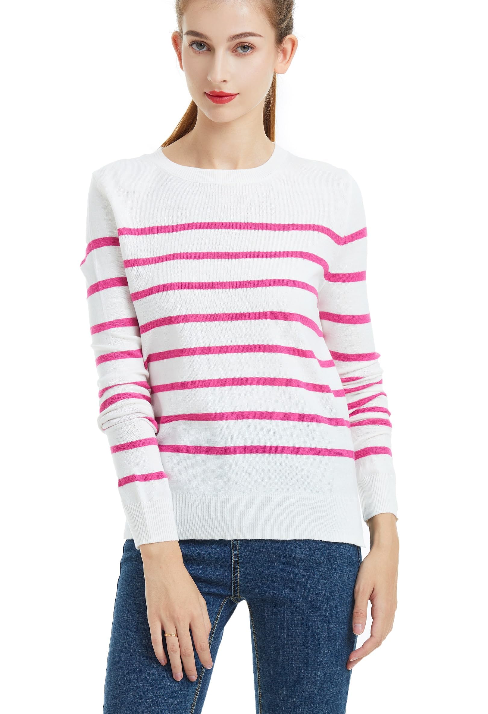 Photo 1 of *daisysboutique* Womens Supersoft Striped V Crew Neck Lightweight Sweater Knitted Pullover (Medium, PinkStripes)
