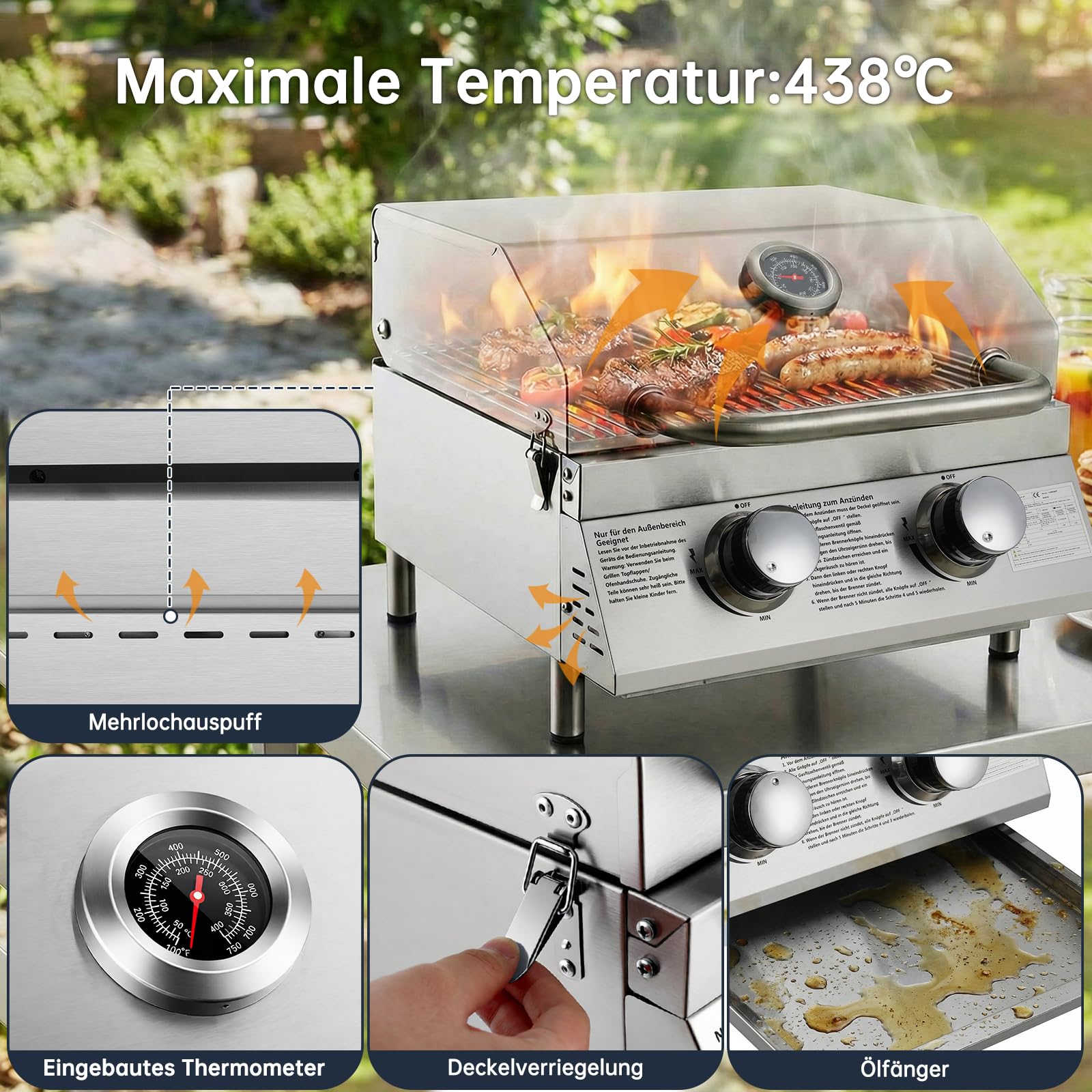 TLSUNNY Mały grill gazowy, 2 palniki, przenośny grill gazowy ze stali nierdzewnej, kompaktowy grill stołowy z rusztem do grillowania, termometrem, kempingowy grill stołowy do grilla, na balkon, do
