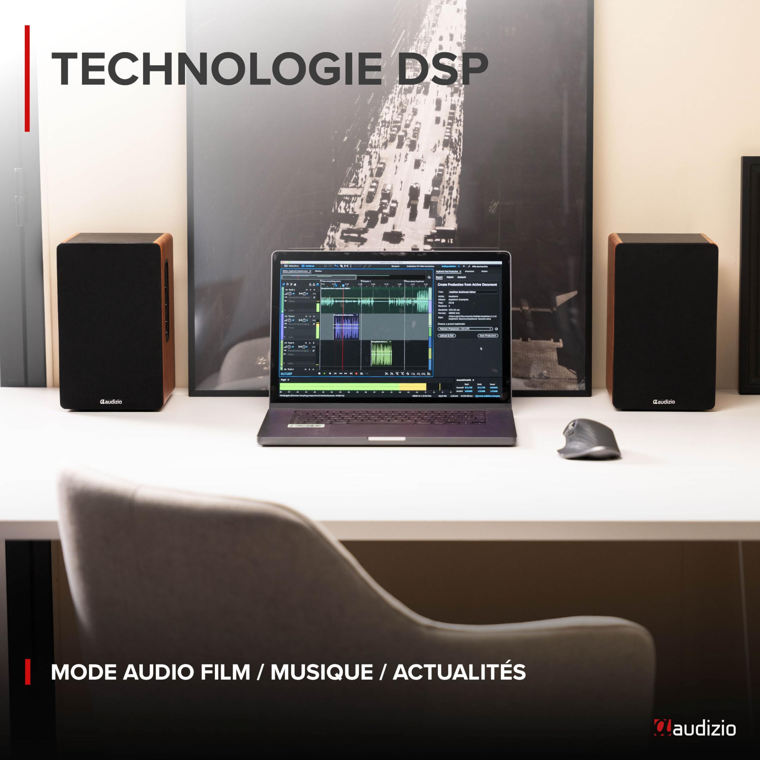 Audizio KS01 Enceintes Hi-FI Bibliothèque Actives 80W avec BT 5.0, Woofer 4" et Tweeter 1,25", Réglages Graves et Aigus, DSP avec Préréglages, Finition Bois Élégante
