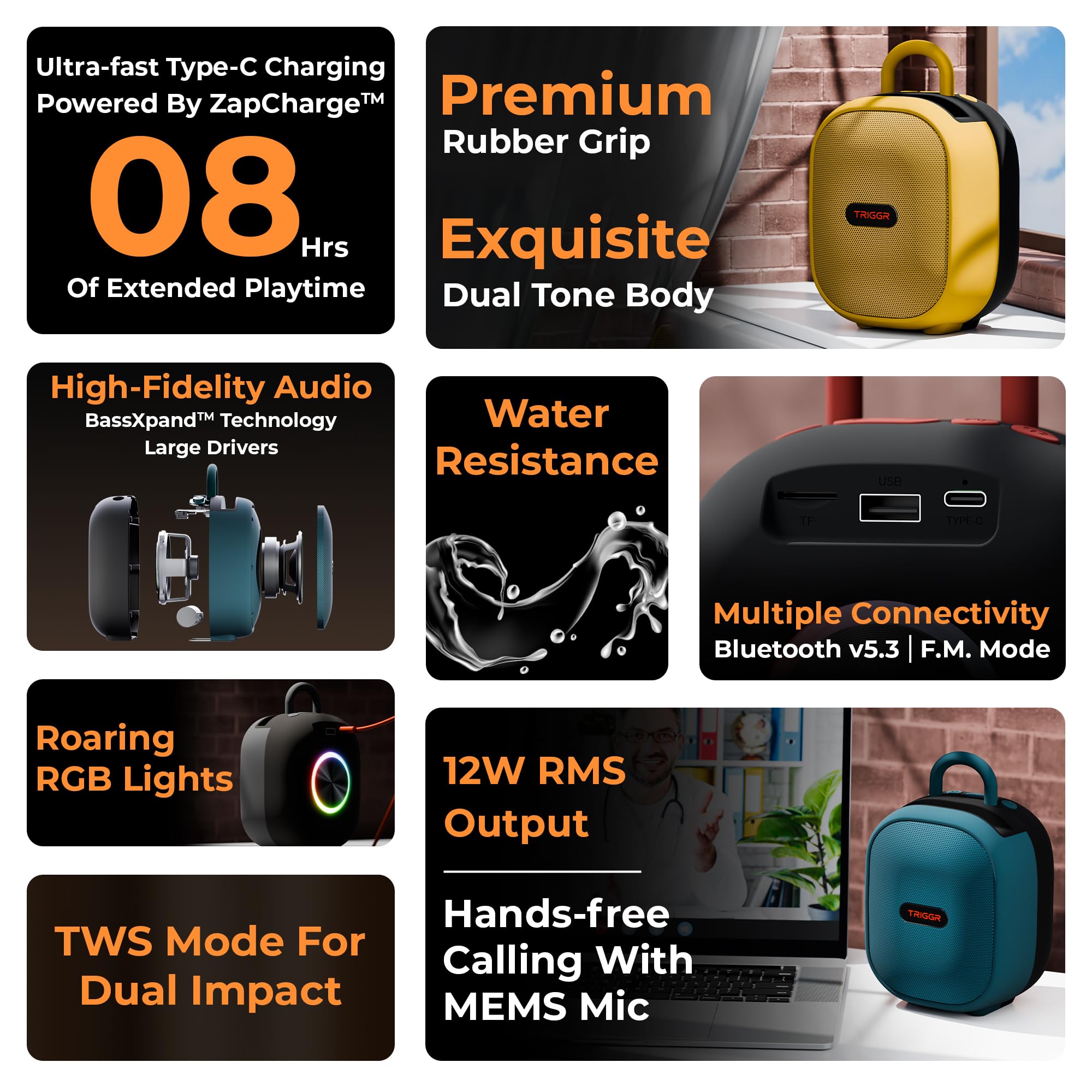 TRIGGR Roar 12 Portable Bluetooth Speaker, 12W Deep Bass, 8H Playtime, Type-C Fast Charging, BT v5.3, TWS Stereo Pairing, FM Radio, USB/SD Card, Handsfree with Built-in Mic (Rustic Dust) — Amazon image 2