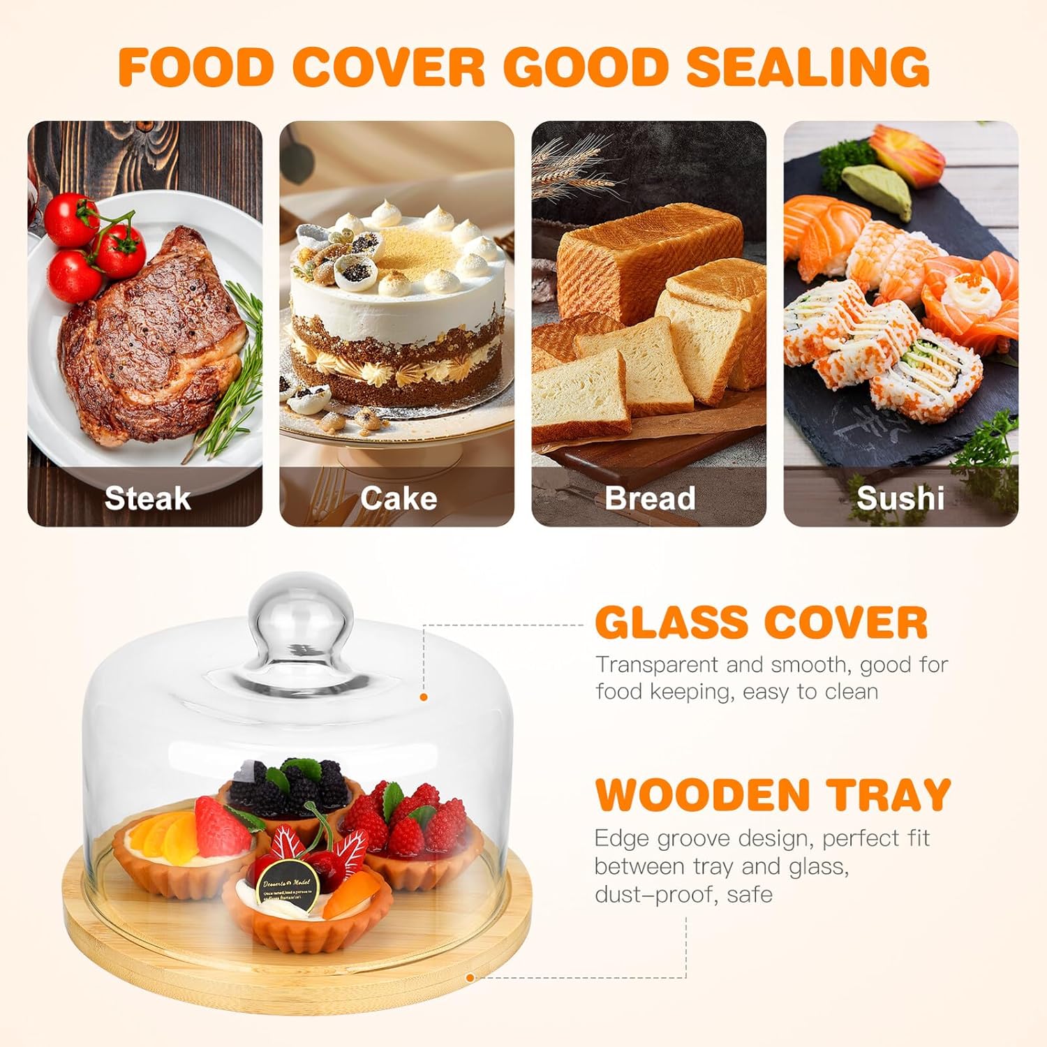 Cake Cover with Tray Medium Glass Dome Food Display Dustproof Fresh-keeping Dessert Hood Bread Serving Plate for Kitchen and Party