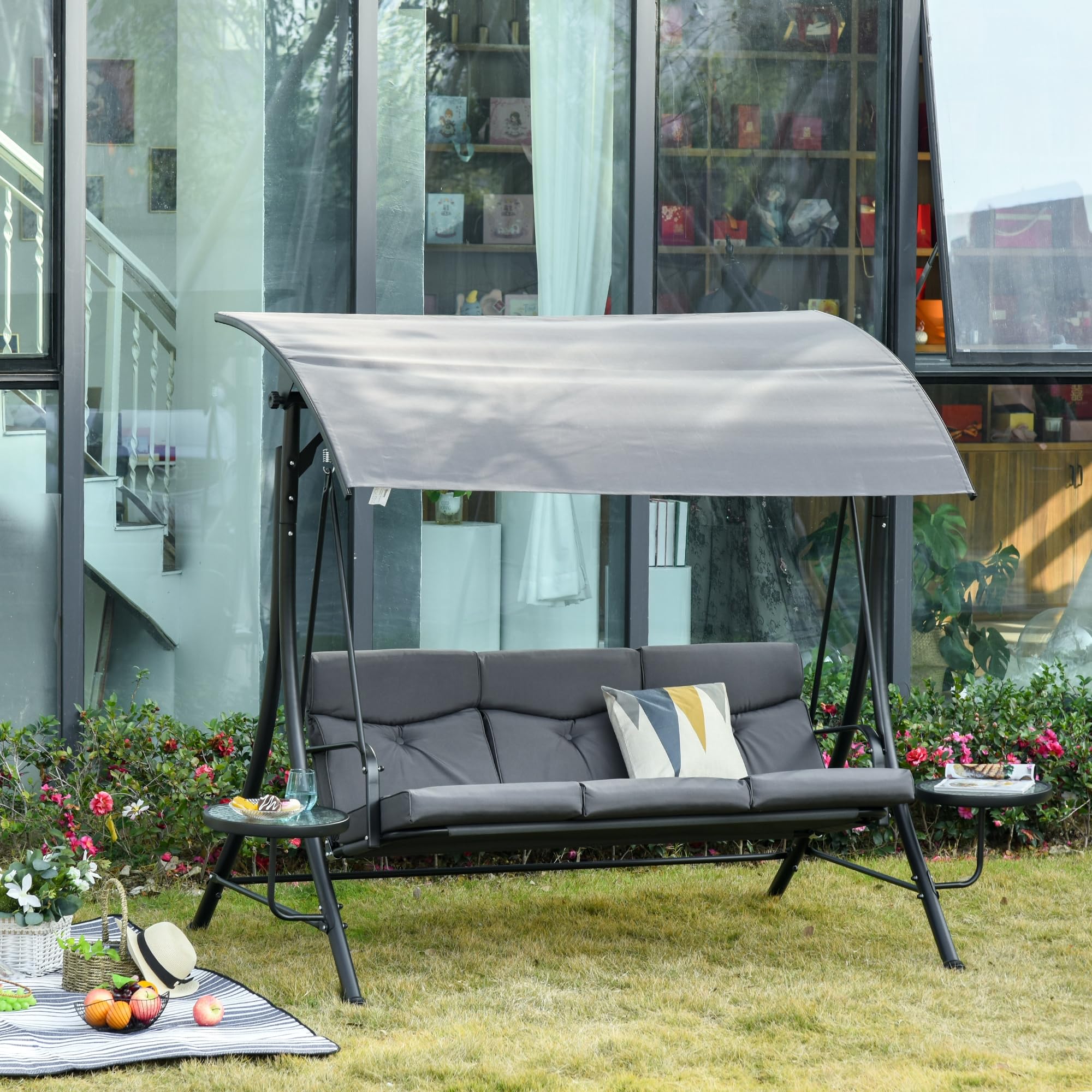 Outsunny Dondolo da Giardino a 3 Posti, Dondolo da Esterno con Tettuccio Regolabile e 2 Tavolini, Grigio 271x125x177cm