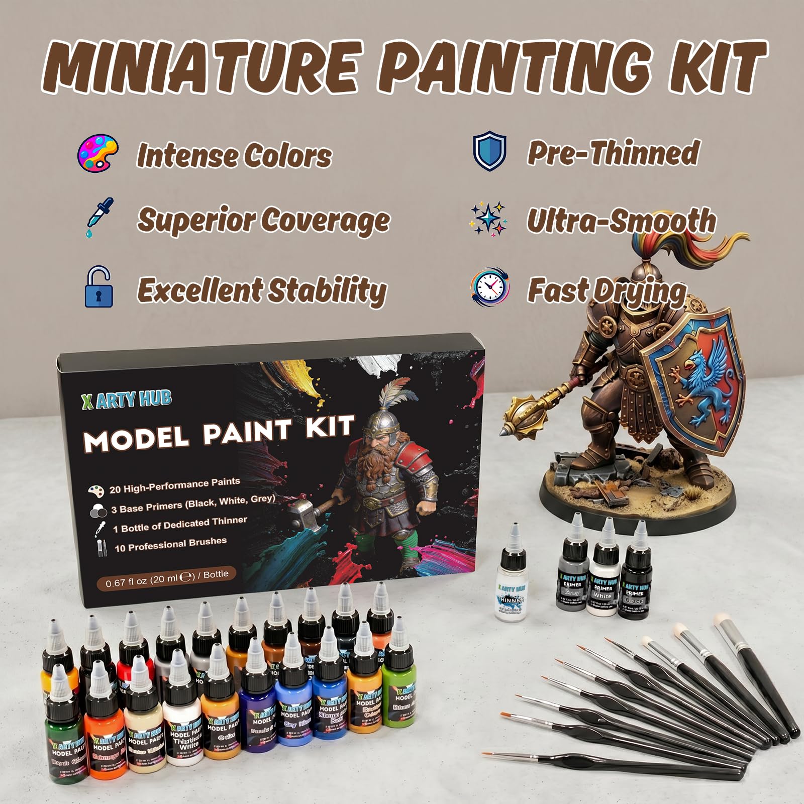 Kit di Colori per Modellismoper, Pennello e Aerografo | 20 Colori Acrilici, 3 Primer, Diluente e 10 Pennelli, per Auto in Miniatura, Miniature e Wargame da Tavolo