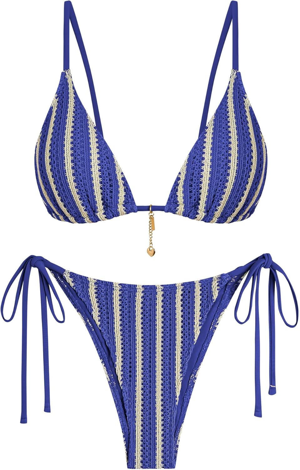 ZAFUL Crochet Bikini Sets for Women Cheeky Two Piece Bathing Suits Striped Brazilian High Cut Knit Swimsuit Tie for Vacation