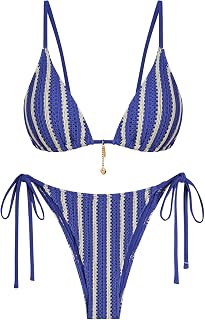 ZAFUL Women's Crochet Striped Cheeky Bikini Set - Brazilian High Cut Two Piece Knit Swimsuit with Ties