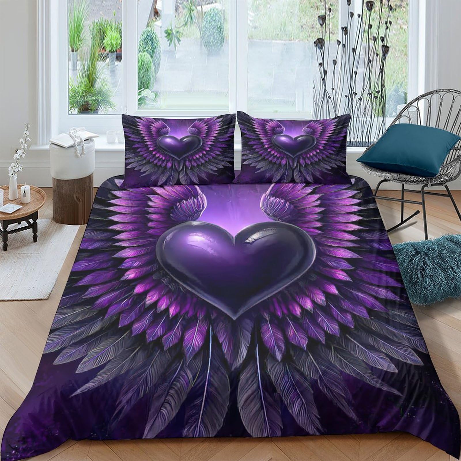 Ctjqhvkz Style-3 3D Printed Purple Heart Wings Fitted Sheet Microfiber Soft Breathable Feather Mattress Cover Bedroom Dorm Decor Single（135X200cm）