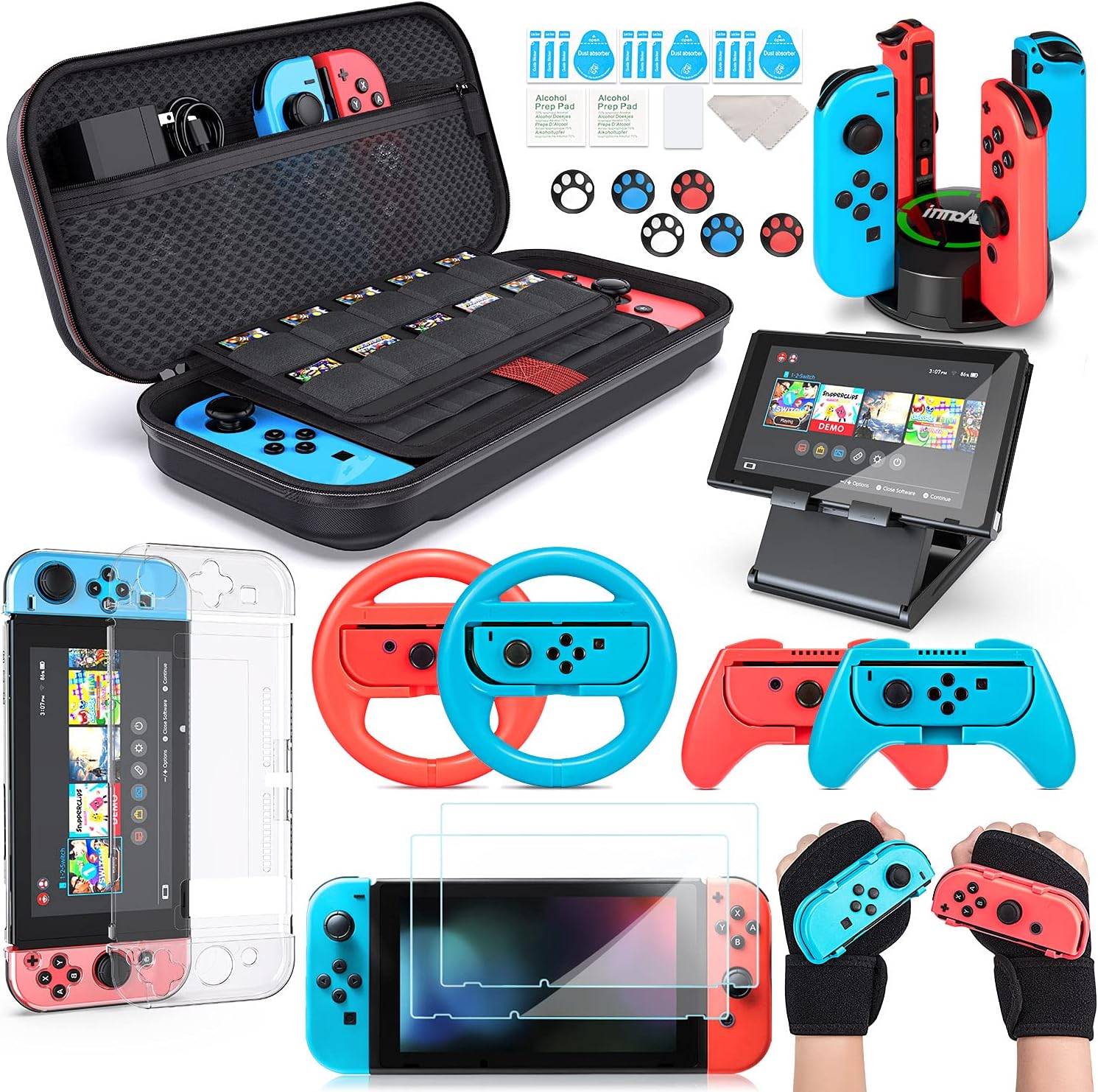 Switch Accessories Bundle, innoAura 20 in 1 Switch Accessories Kit Include Wrist Straps, Switch Carry Case, Joycon Charging Dock, Joycon Grips & Racing Wheels : Video Games